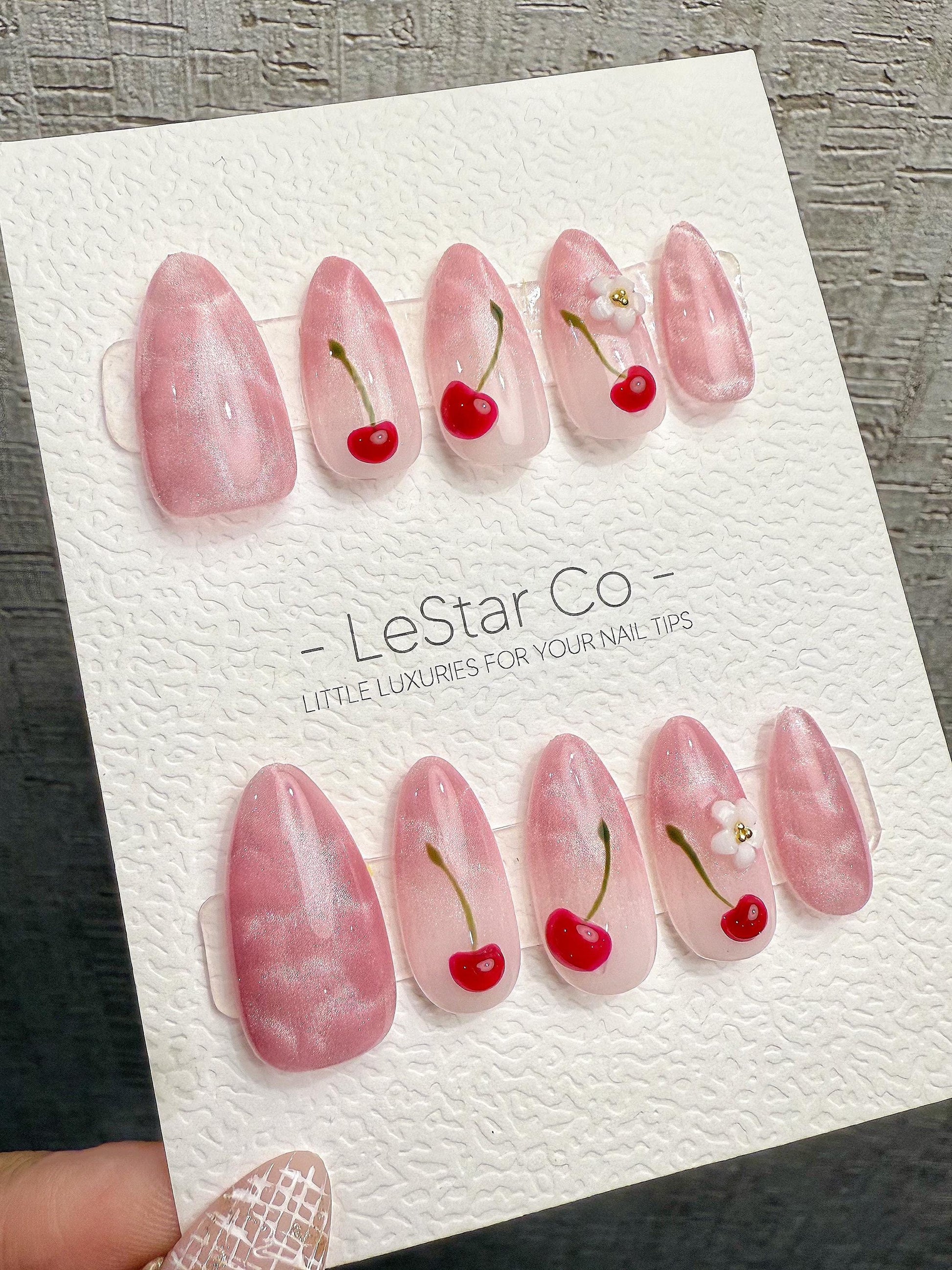 Reusable Blooming Cherry Day Cat Eye Effect| Premium Handmade Press on Nails Gel | Fake Nails | Cute Press ons Gel Nail ML1077