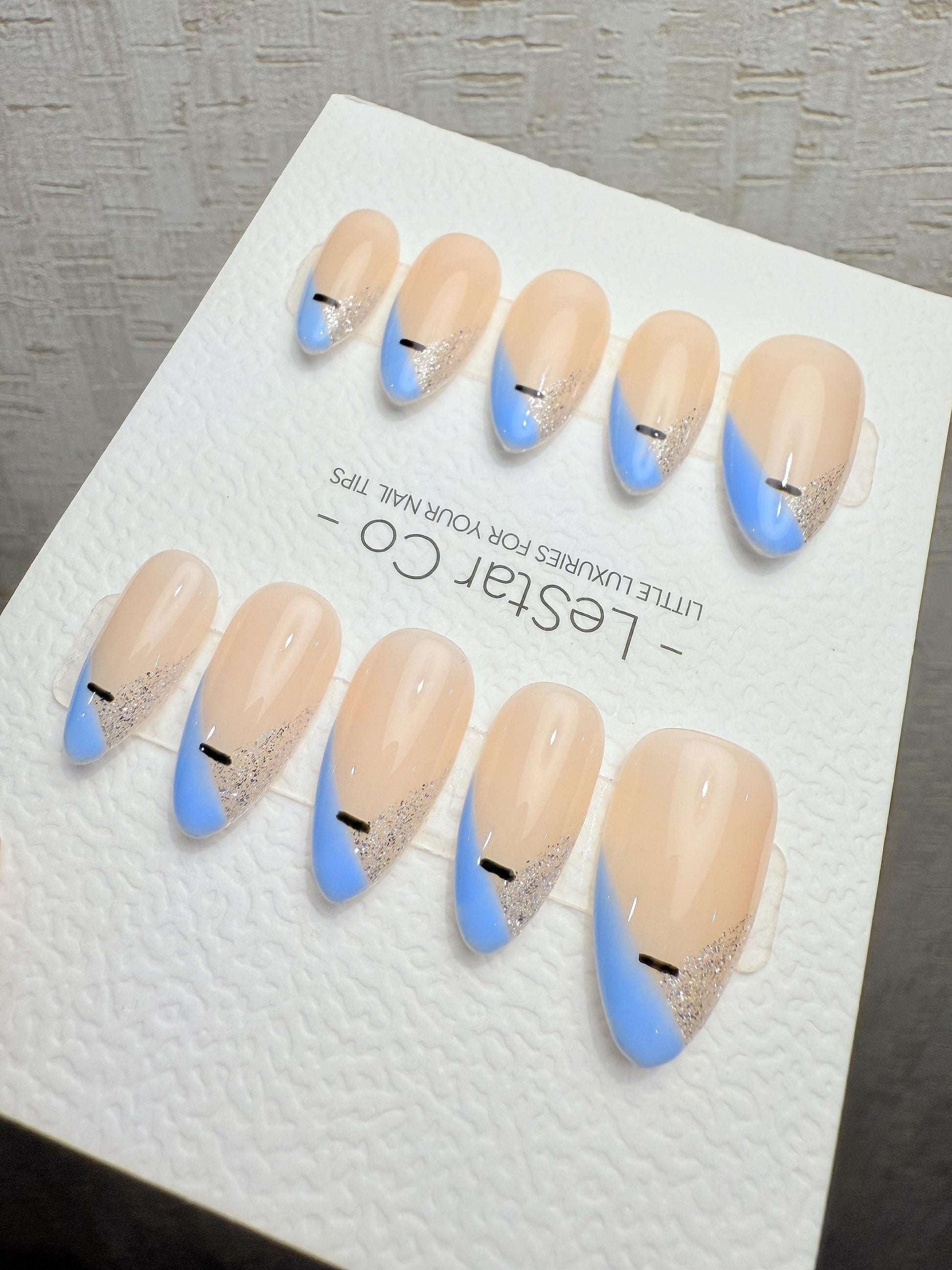 Reusable Nordic Breeze Blue French Tip| Premium Handmade Press on Nails Gel | Fake Nails | Cute Pressons Gel Nail ML1078