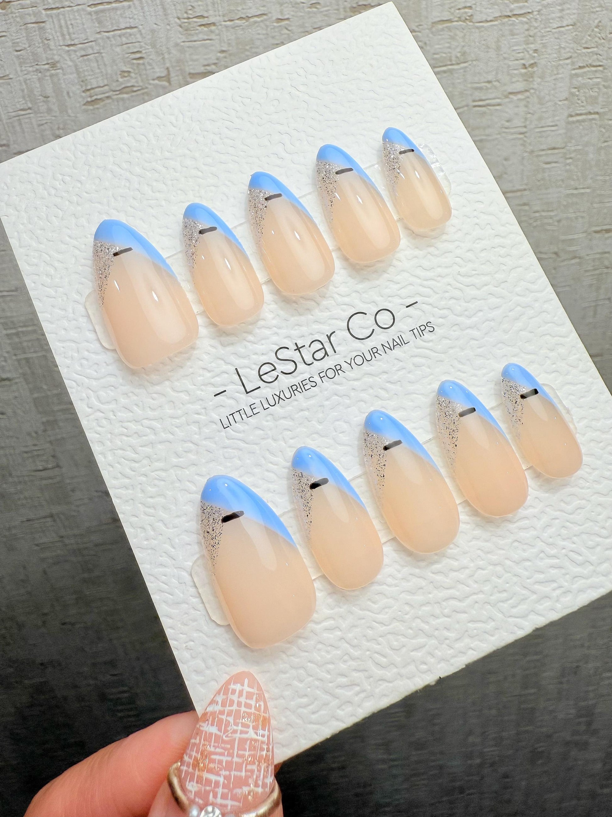 Reusable Nordic Breeze Blue French Tip| Premium Handmade Press on Nails Gel | Fake Nails | Cute Pressons Gel Nail ML1078
