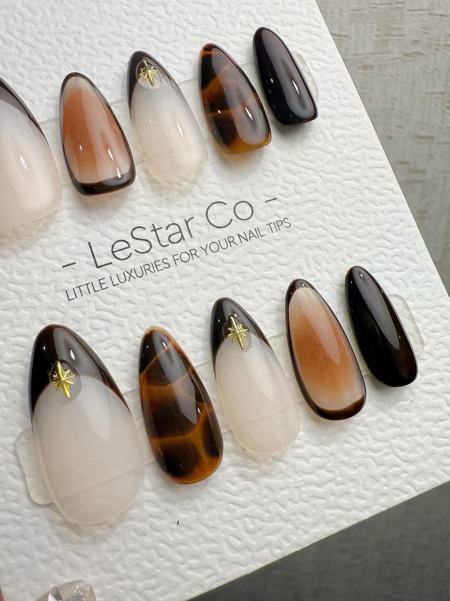 4for3 Timed Offer)Reusable Starlit Espresso French Tip|Premium Handmade Press on Nails Gel | Fake Nails | Cute Pressons Nail QN1081