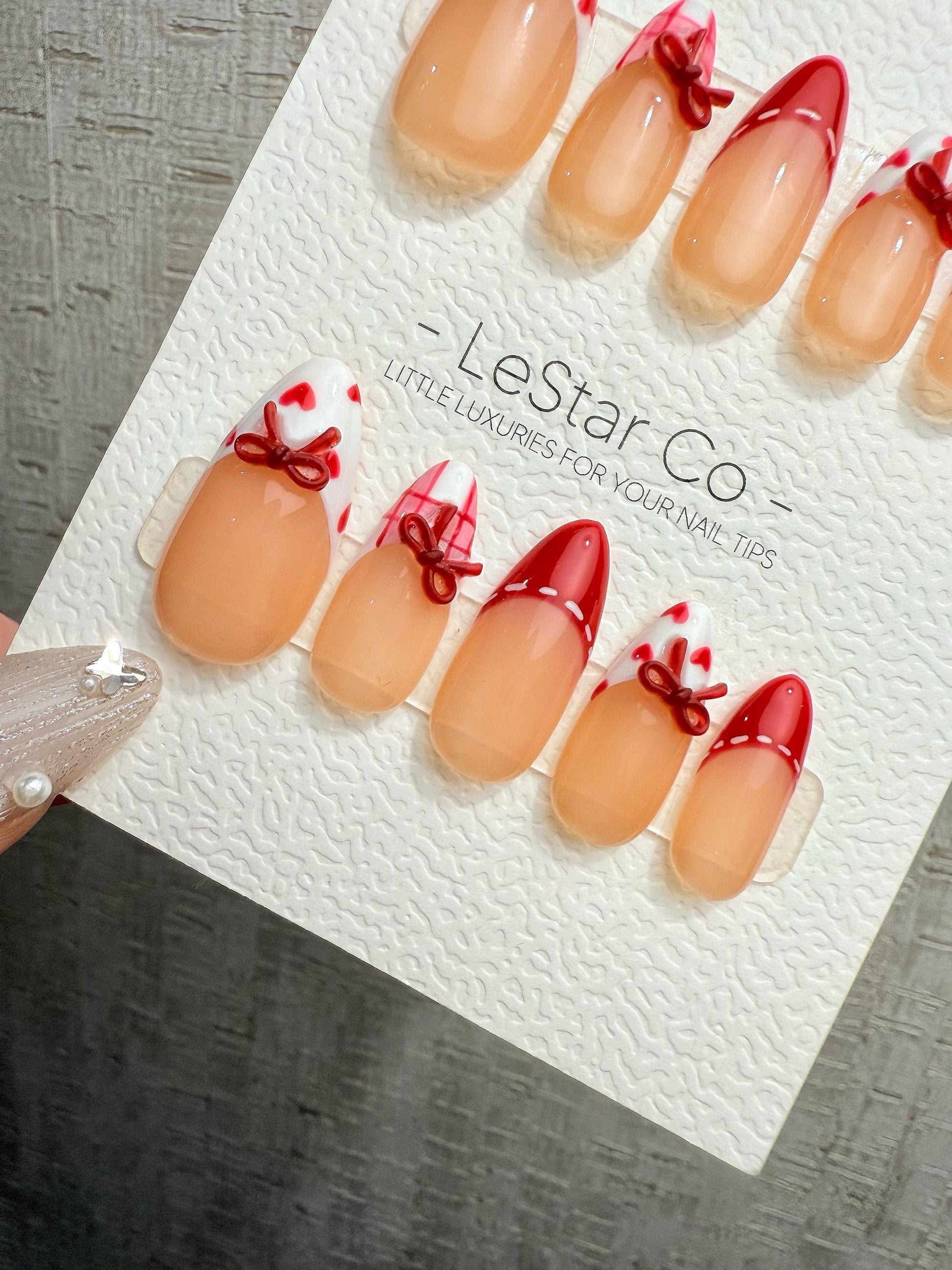 Reusable Valentine Bow French Tip | Handmade Press On Gel Acrylic Nails | 4for3 Timed Offer