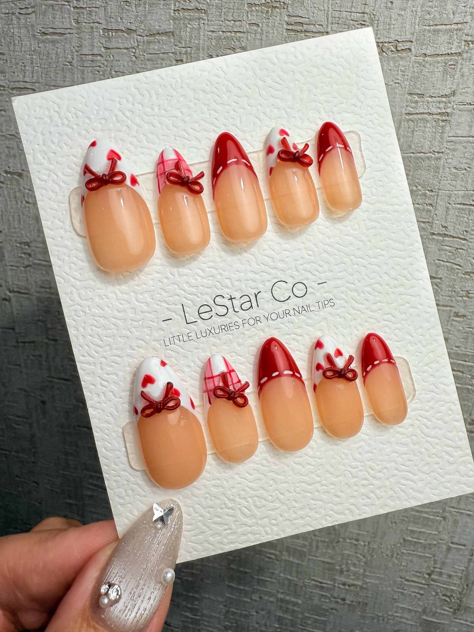 Reusable Valentine Bow French Tip | Handmade Press On Gel Acrylic Nails | 4for3 Timed Offer
