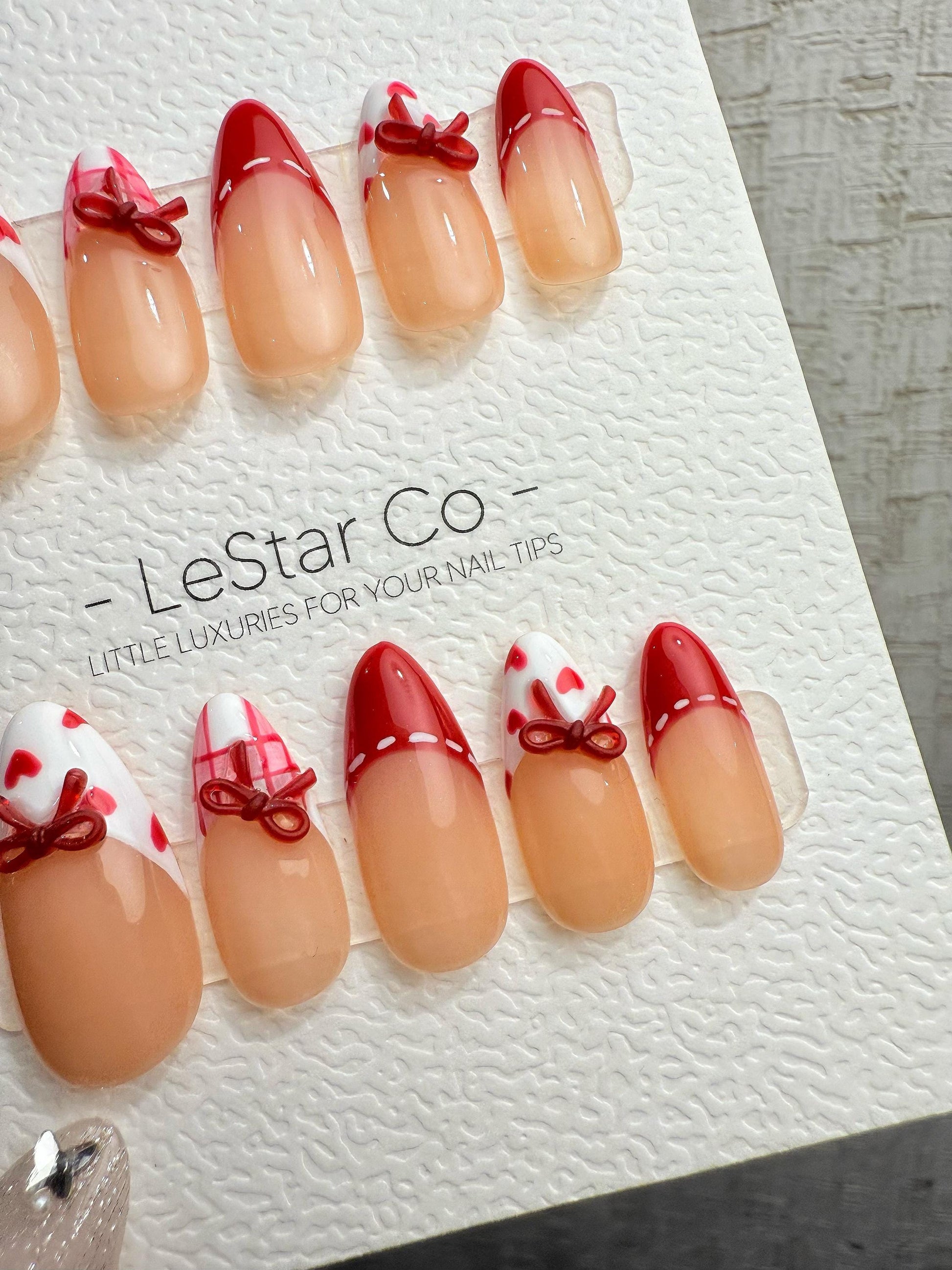 Reusable Valentine Bow French Tip | Handmade Press On Gel Acrylic Nails | 4for3 Timed Offer