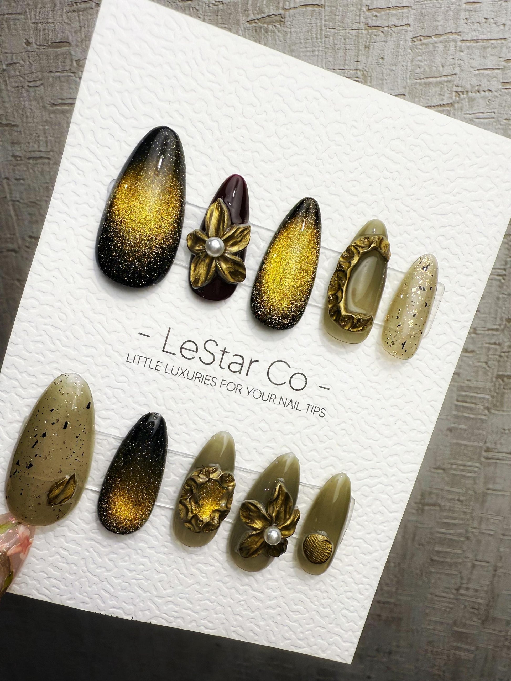 4for3 Timed Offer)Reusable Antique Bloom Charm Cat Eye Effect | Premium Handmade Press on Nails Gel | Fake Nails | Pressons Gel Nail TMR1091