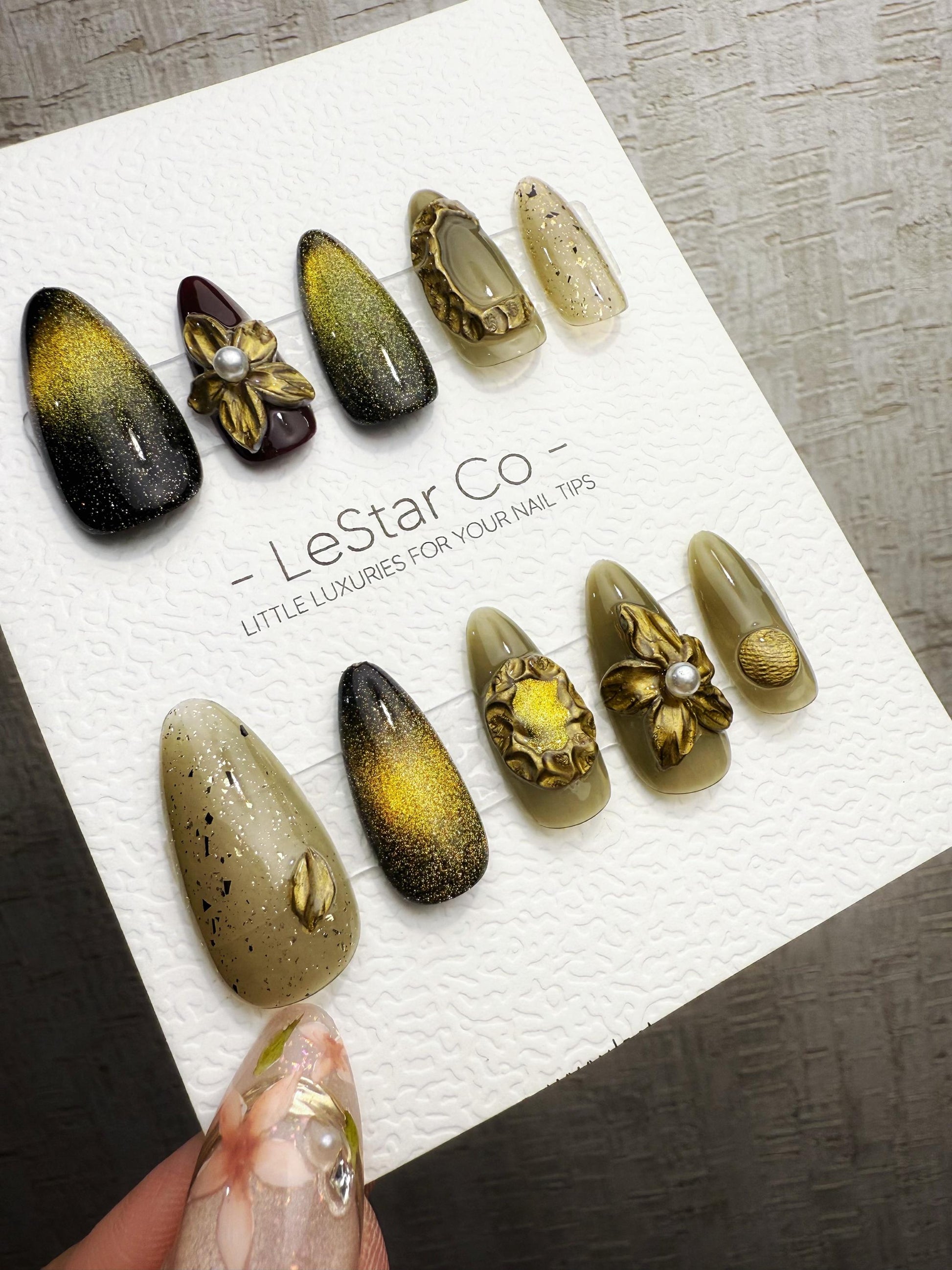 4for3 Timed Offer)Reusable Antique Bloom Charm Cat Eye Effect | Premium Handmade Press on Nails Gel | Fake Nails | Pressons Gel Nail TMR1091