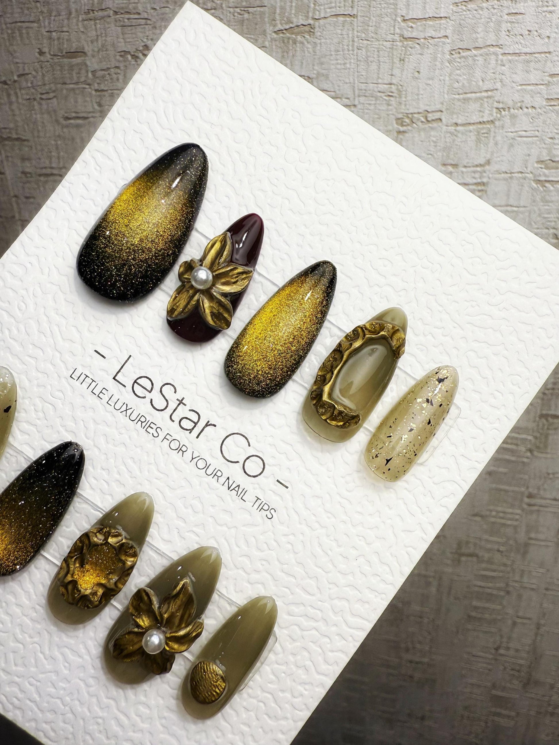 4for3 Timed Offer)Reusable Antique Bloom Charm Cat Eye Effect | Premium Handmade Press on Nails Gel | Fake Nails | Pressons Gel Nail TMR1091