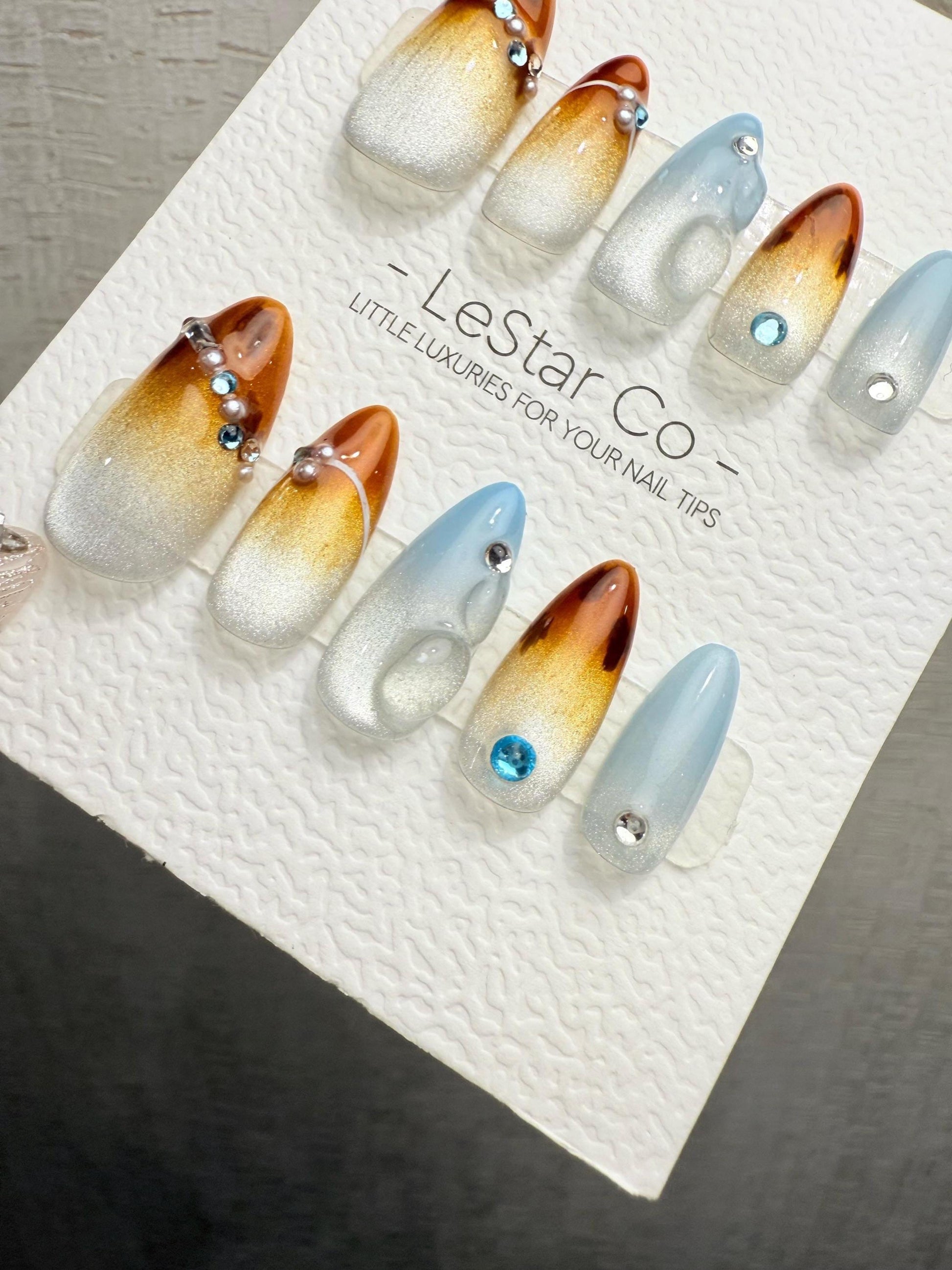 Reusable Blue Amber Tide | Handmade Press On Gel Acrylic Nails | 4for3 Timed Offer