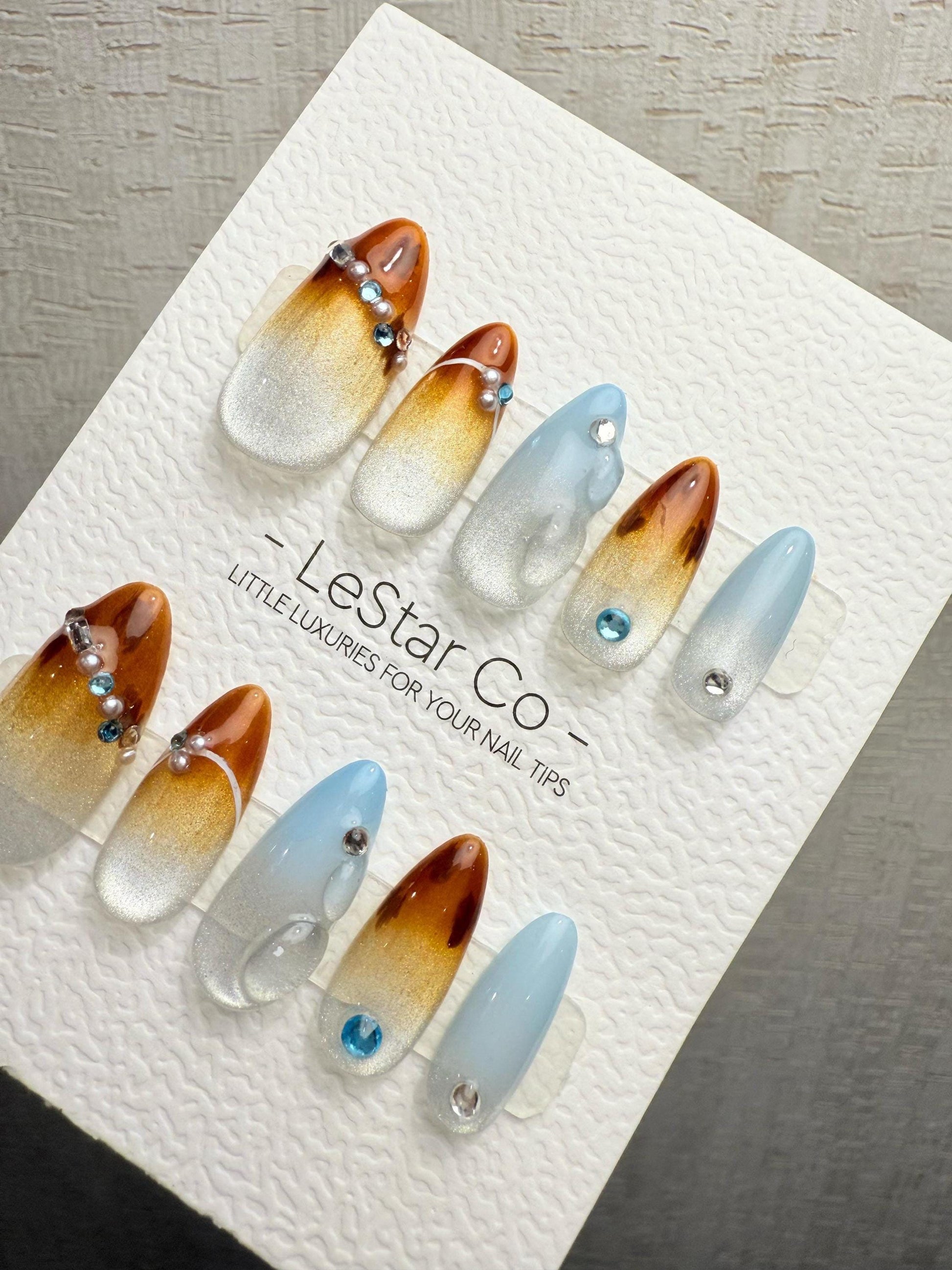 Reusable Blue Amber Tide | Handmade Press On Gel Acrylic Nails | 4for3 Timed Offer