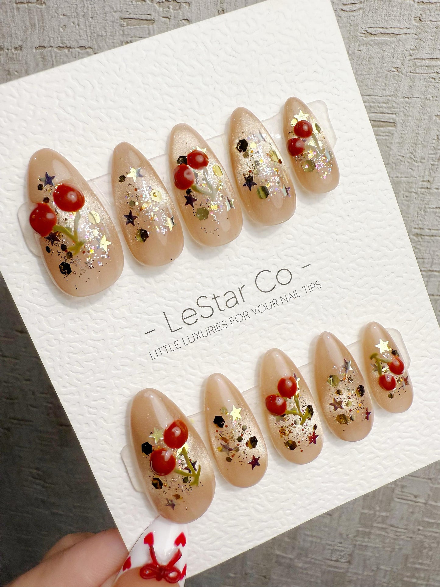 Reusable Christmas 3D Cherry Dream | Handmade Press On Gel Acrylic Nails | 4for3 Timed Offer