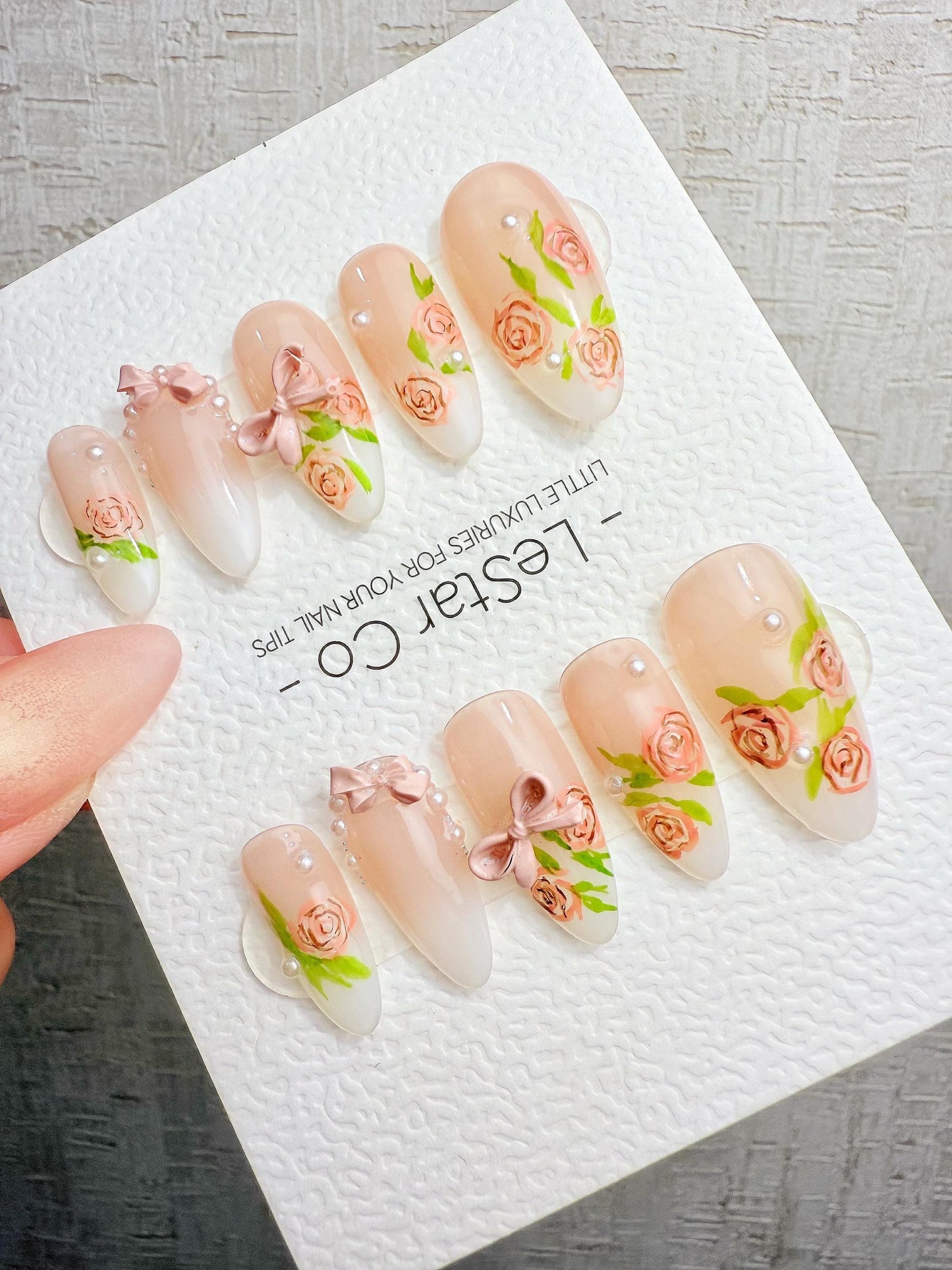 4for3 Timed Offer)Reusable Blush Garden Bows |Premium Handmade Press on Nails Gel | Fake Nails | Cute Pressons Nail TMR1096