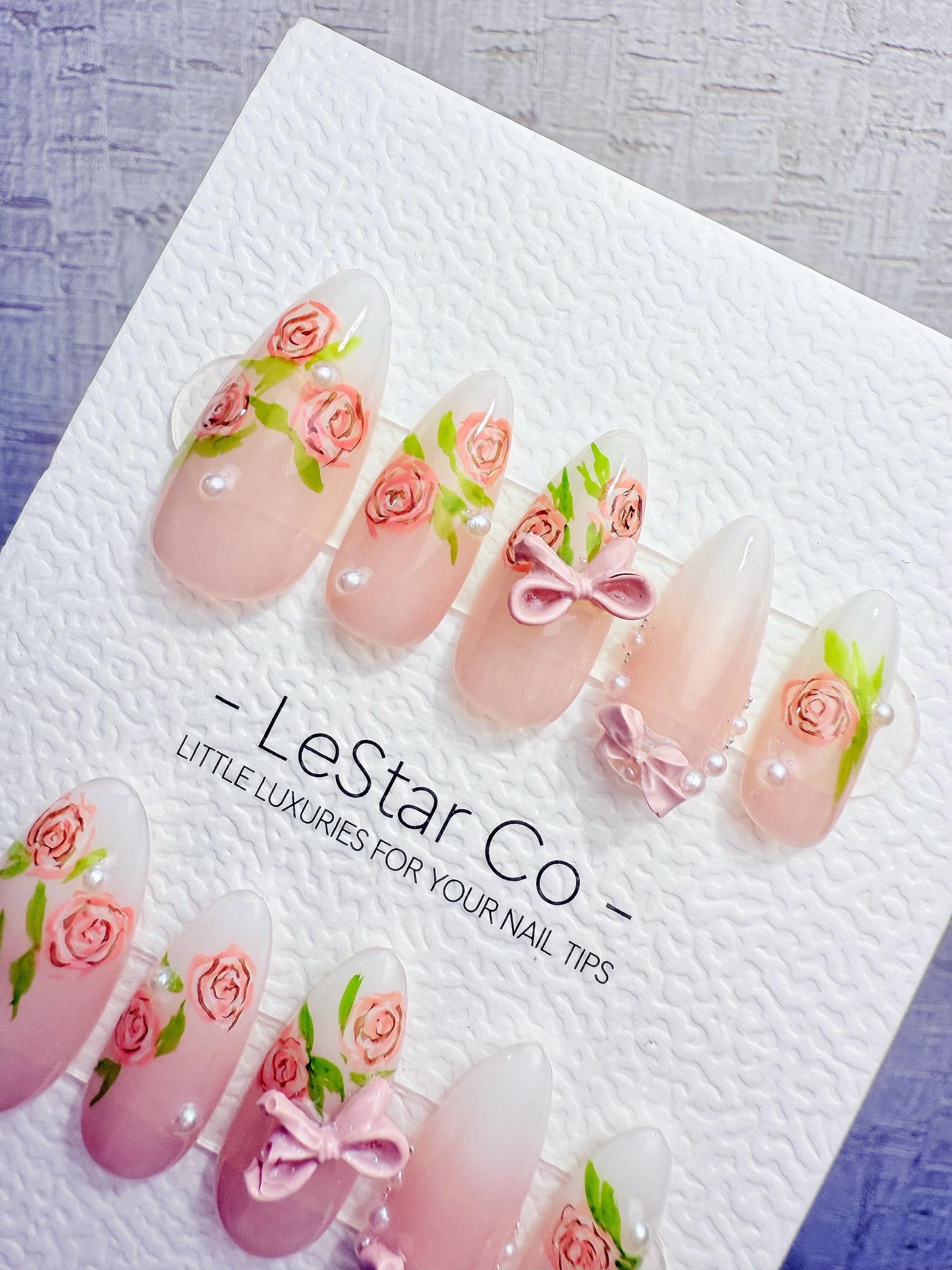 4for3 Timed Offer)Reusable Blush Garden Bows |Premium Handmade Press on Nails Gel | Fake Nails | Cute Pressons Nail TMR1096