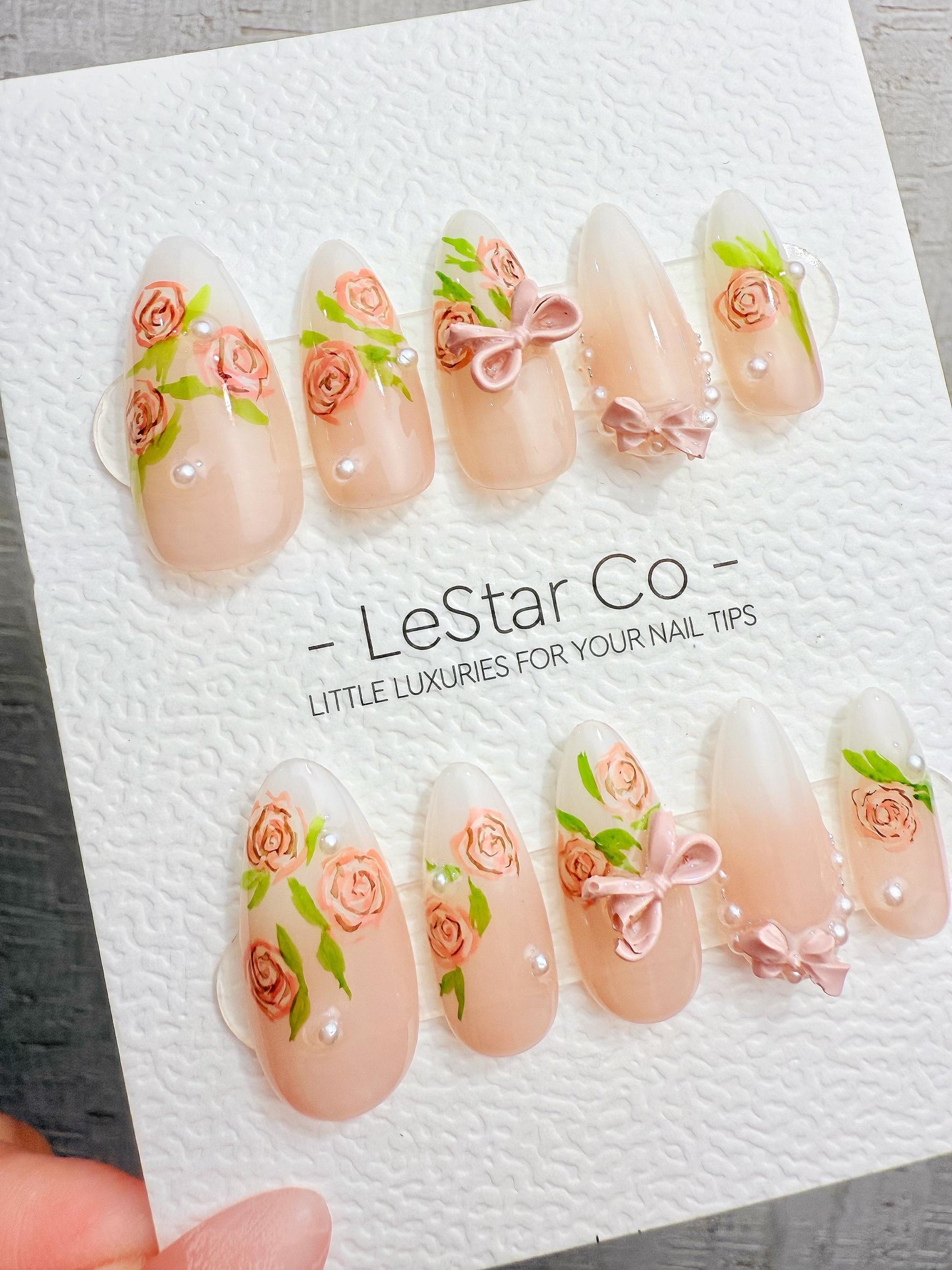 4for3 Timed Offer)Reusable Blush Garden Bows |Premium Handmade Press on Nails Gel | Fake Nails | Cute Pressons Nail TMR1096