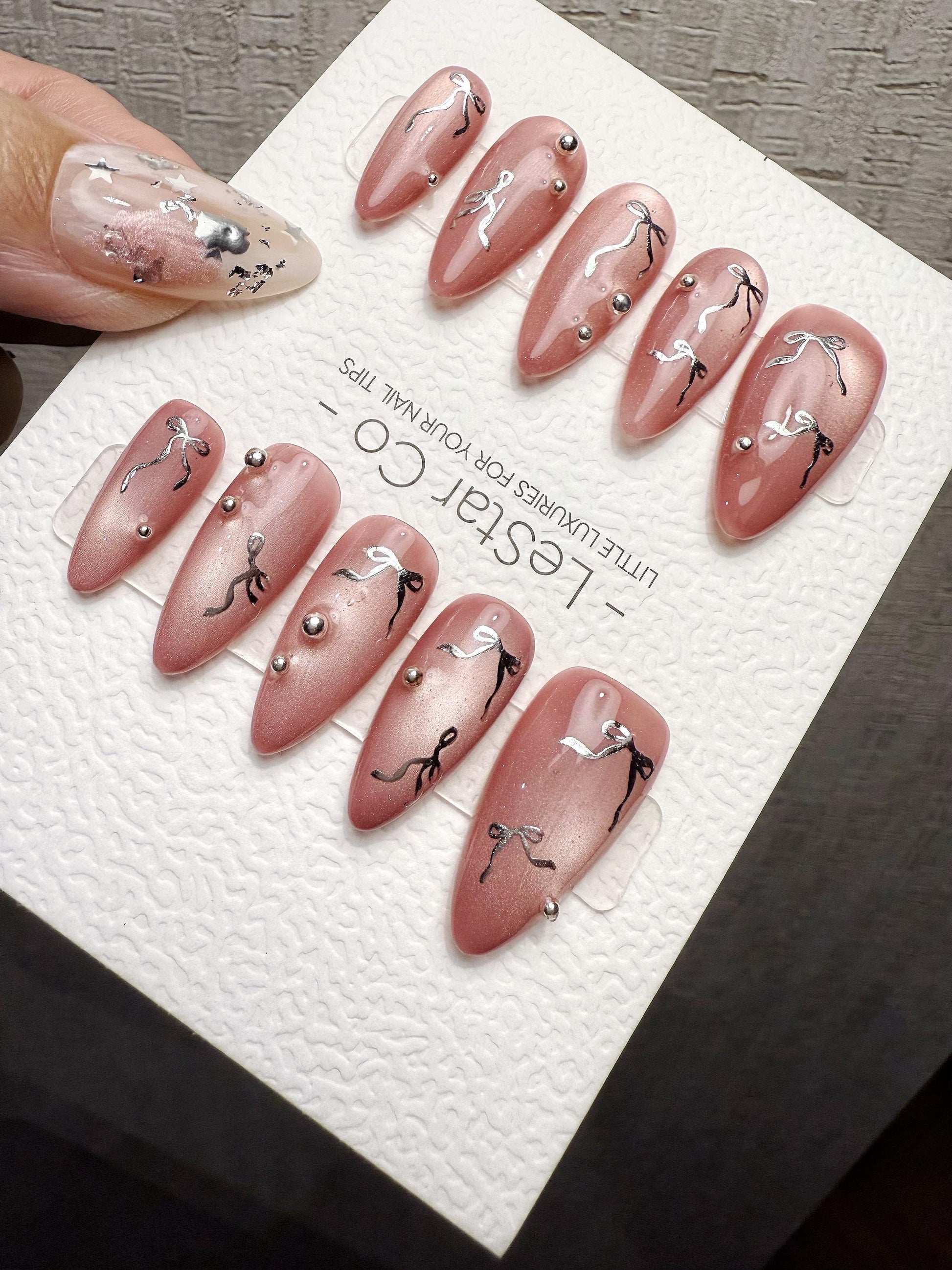 4for3 Timed Offer) Reusable Rosy Ribbon| Handmade Press On Gel Acrylic Nails