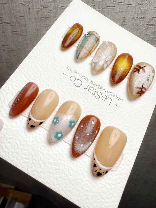 4for3 Timed Offer) Reusable Caramel Picnic Tale| Handmade Press On Gel Acrylic Nails