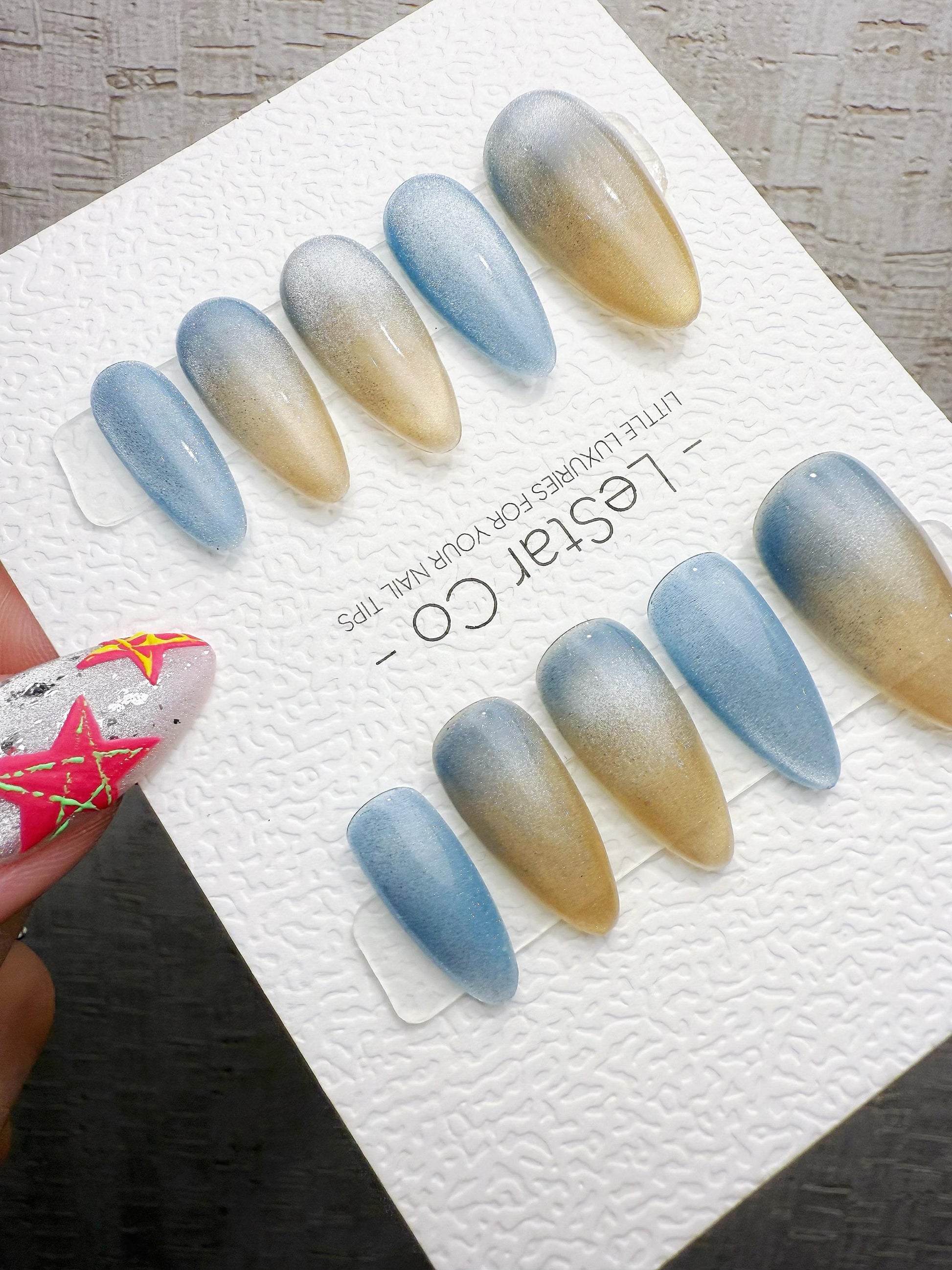 4for3 Timed Offer) Reusable Sandy Blue Horizon | Handmade Press On Gel Acrylic Nails