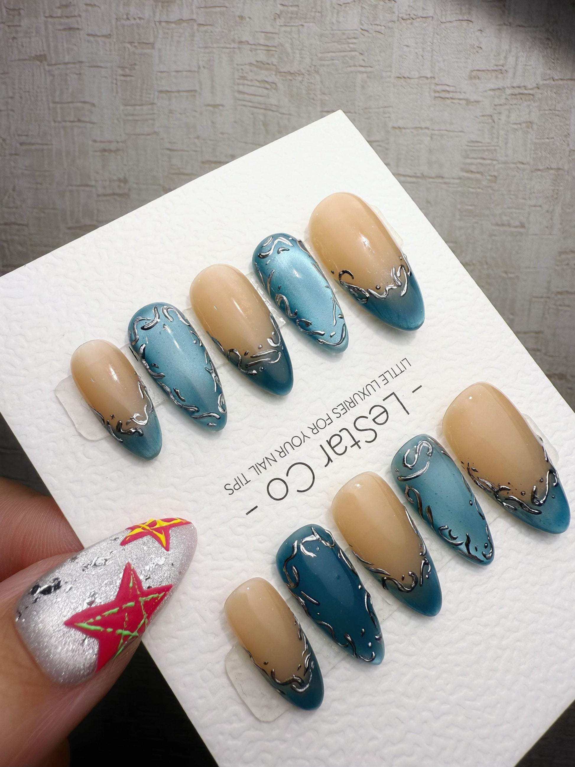 4for3 Timed Offer) Reusable Aqua Silk Drizzle | Handmade Press On Gel Acrylic Nails