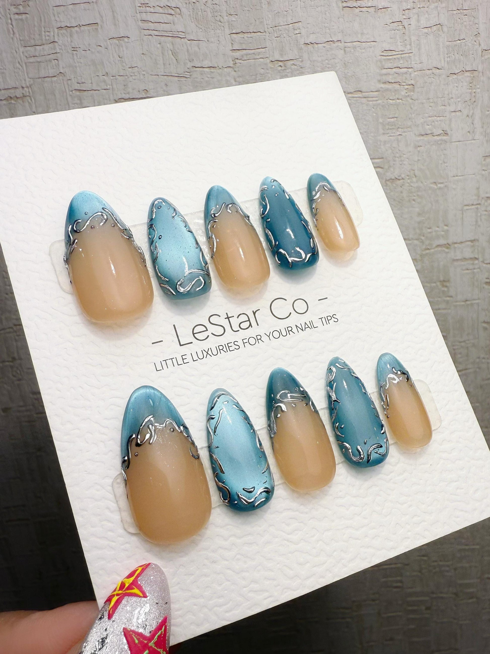 4for3 Timed Offer) Reusable Aqua Silk Drizzle | Handmade Press On Gel Acrylic Nails