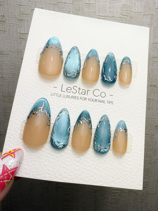 4for3 Timed Offer) Reusable Aqua Silk Drizzle | Handmade Press On Gel Acrylic Nails