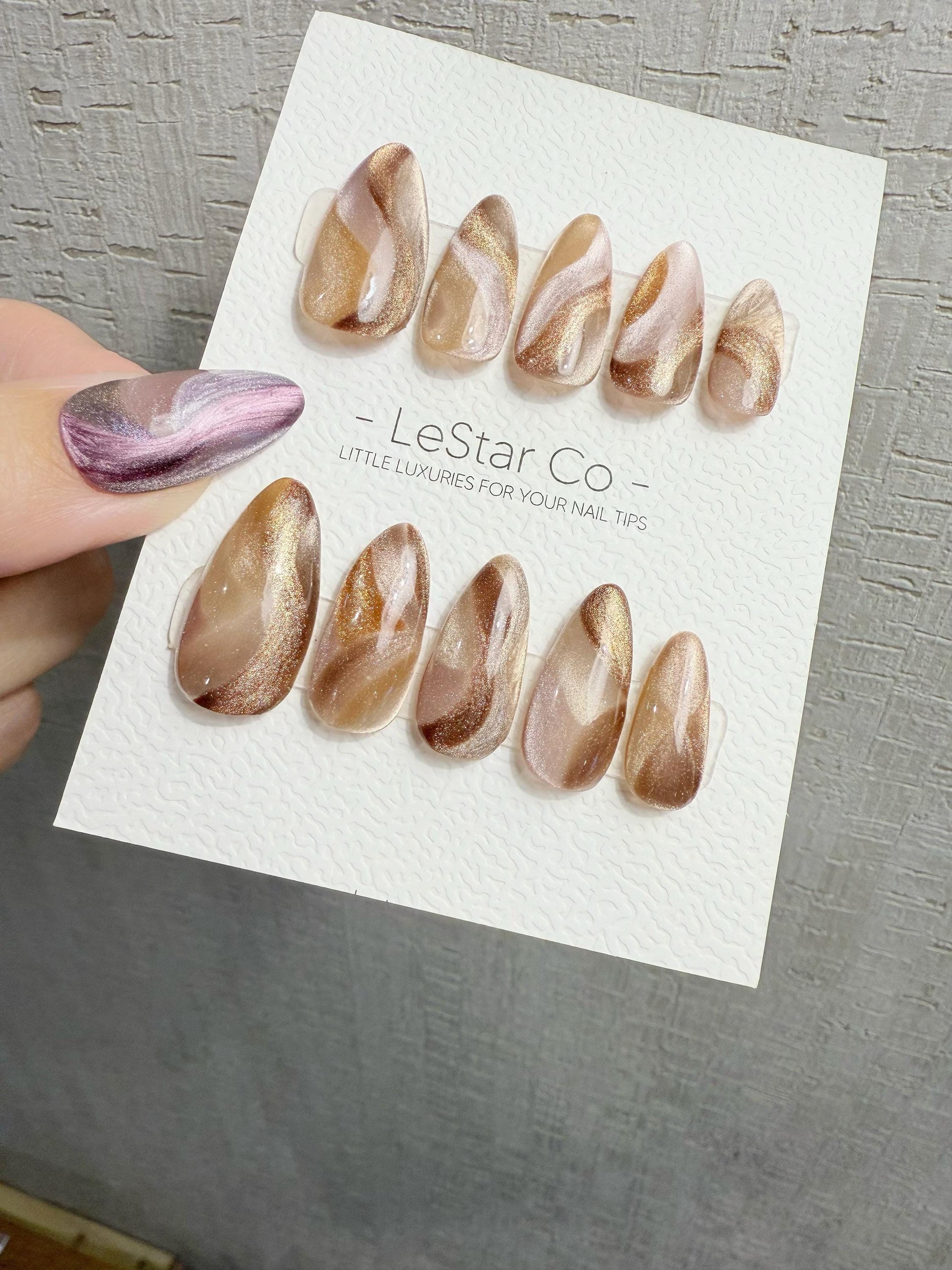 Reusable Brown Beige Cat Eye Swirl | Handmade Press On Gel Nails | 4for3 Timed Offer