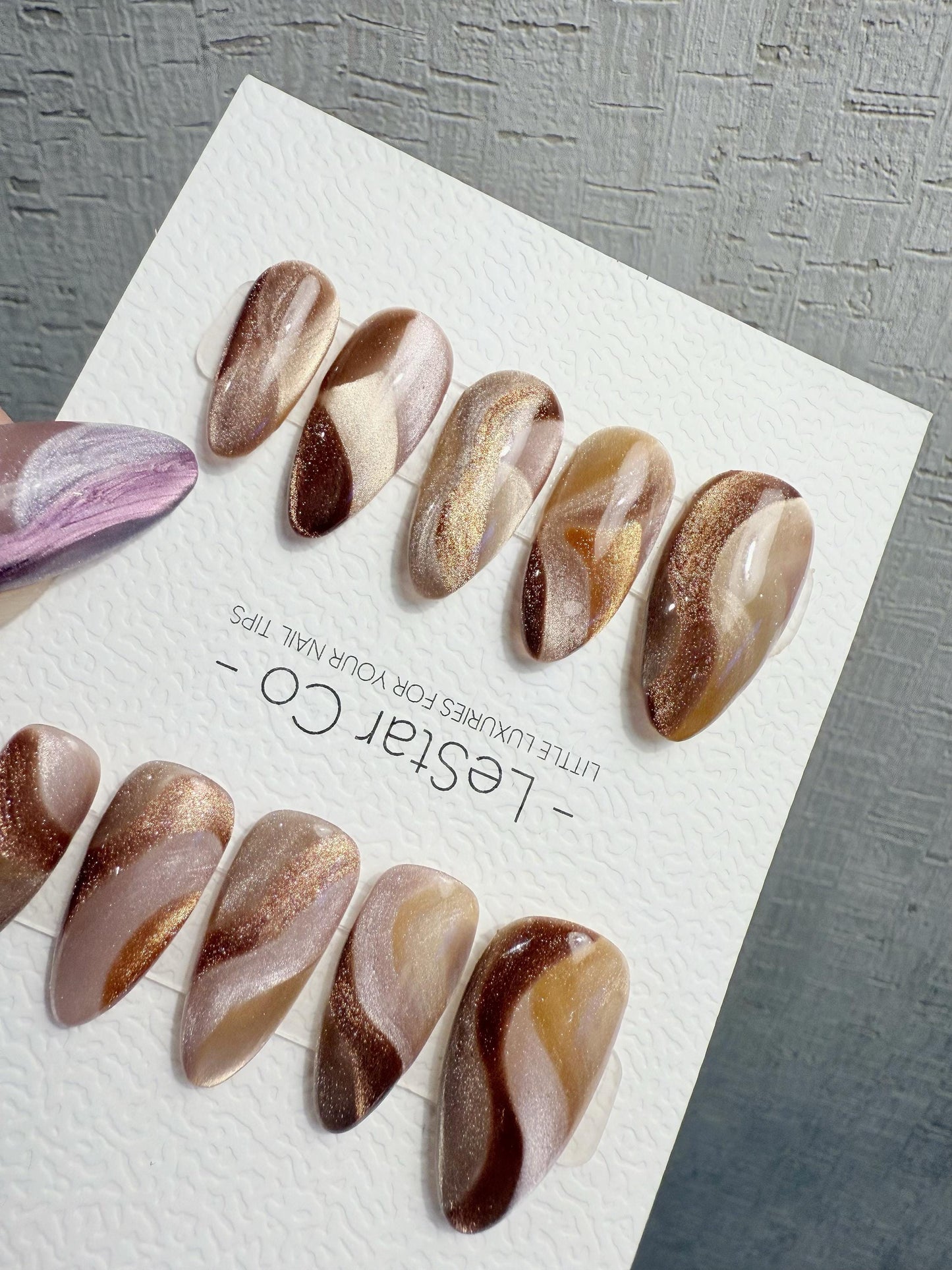 Reusable Brown Beige Cat Eye Swirl | Handmade Press On Gel Nails | 4for3 Timed Offer