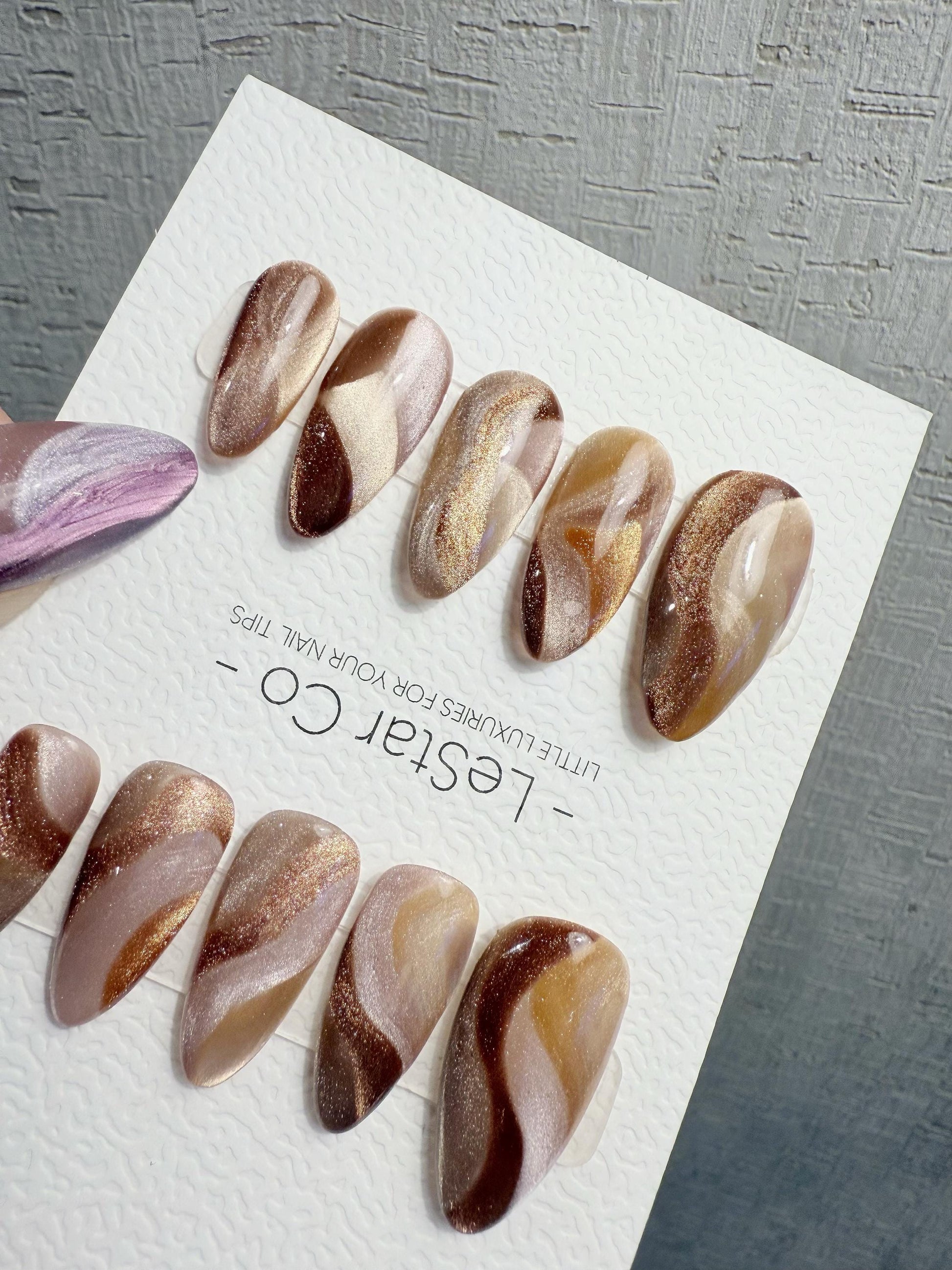 Reusable Brown Beige Cat Eye Swirl | Handmade Press On Gel Nails | 4for3 Timed Offer