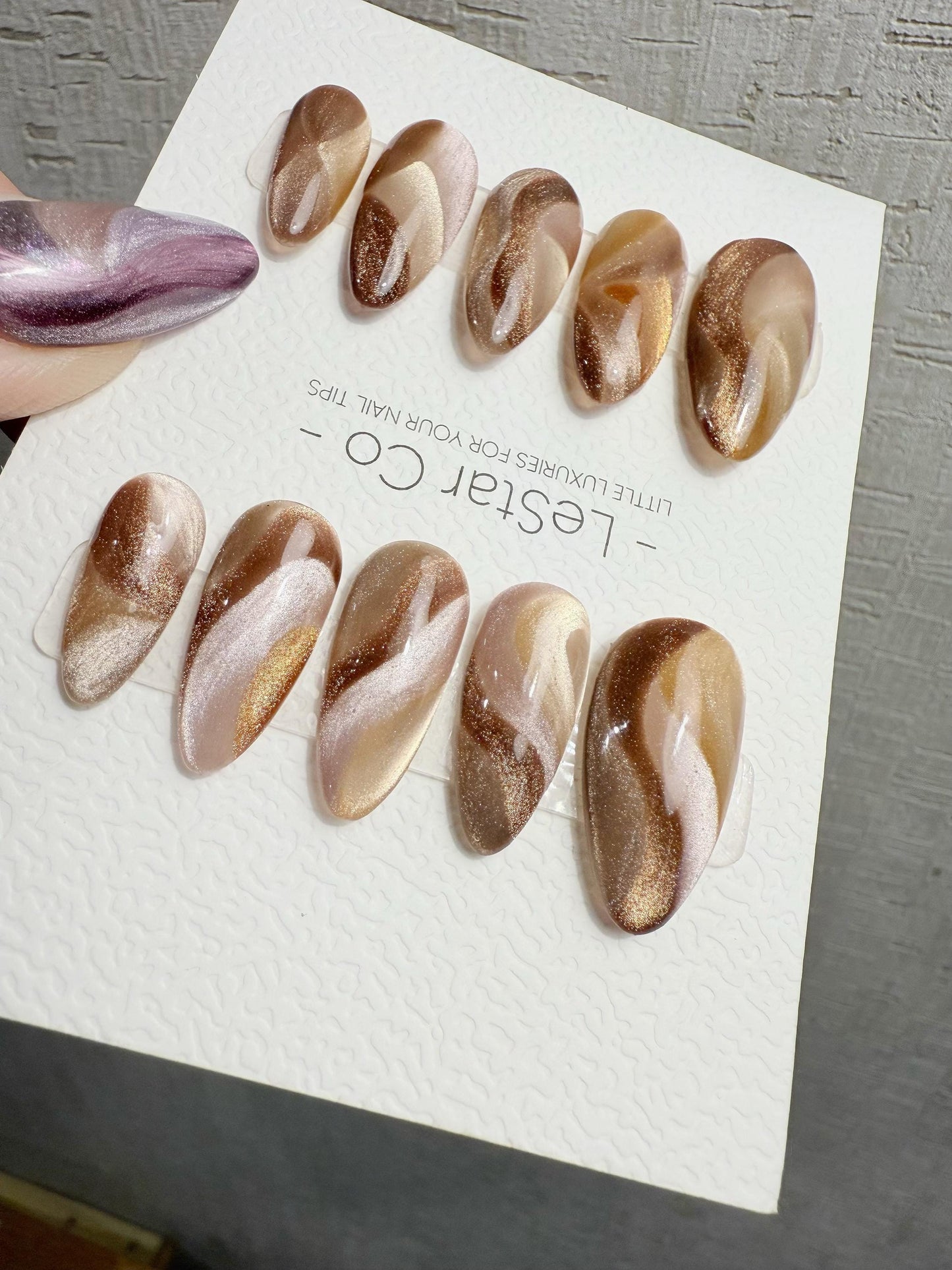 Reusable Brown Beige Cat Eye Swirl | Handmade Press On Gel Nails | 4for3 Timed Offer