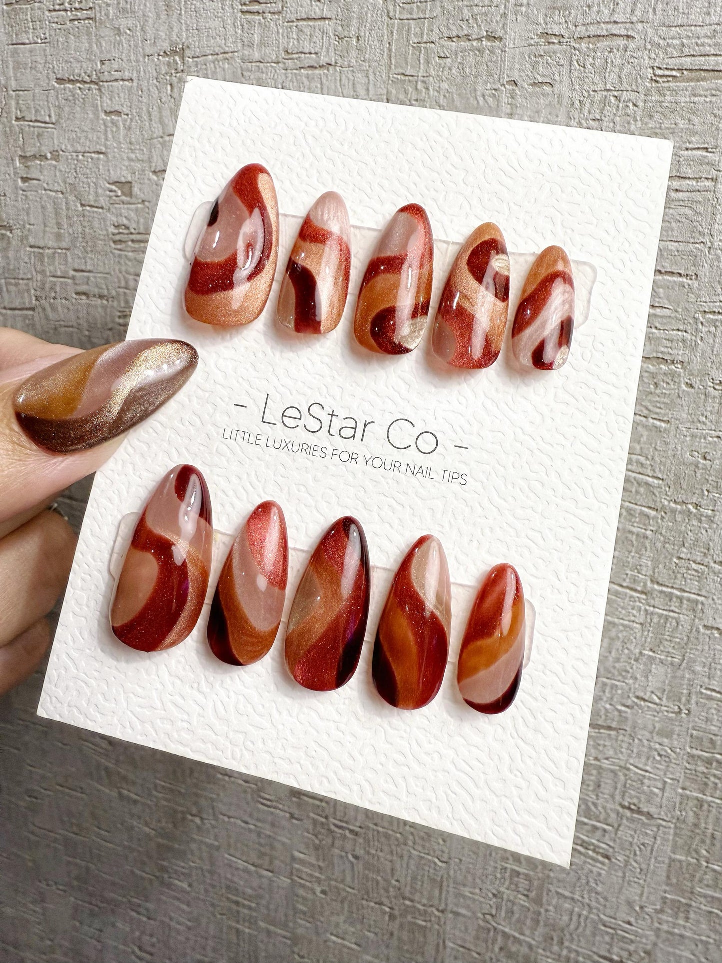 Reusable Wine Red Amber Cat Eye Swirl | Handmade Press On Gel Nails