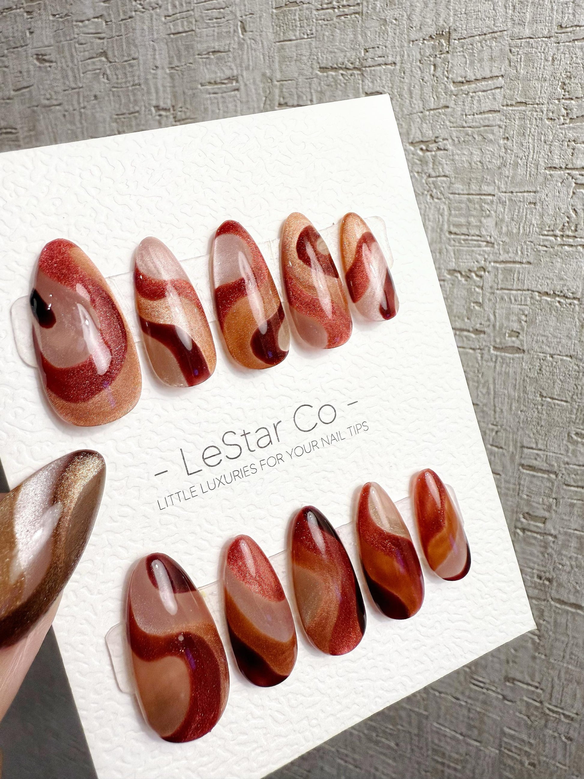 Reusable Wine Red Amber Cat Eye Swirl | Handmade Press On Gel Nails