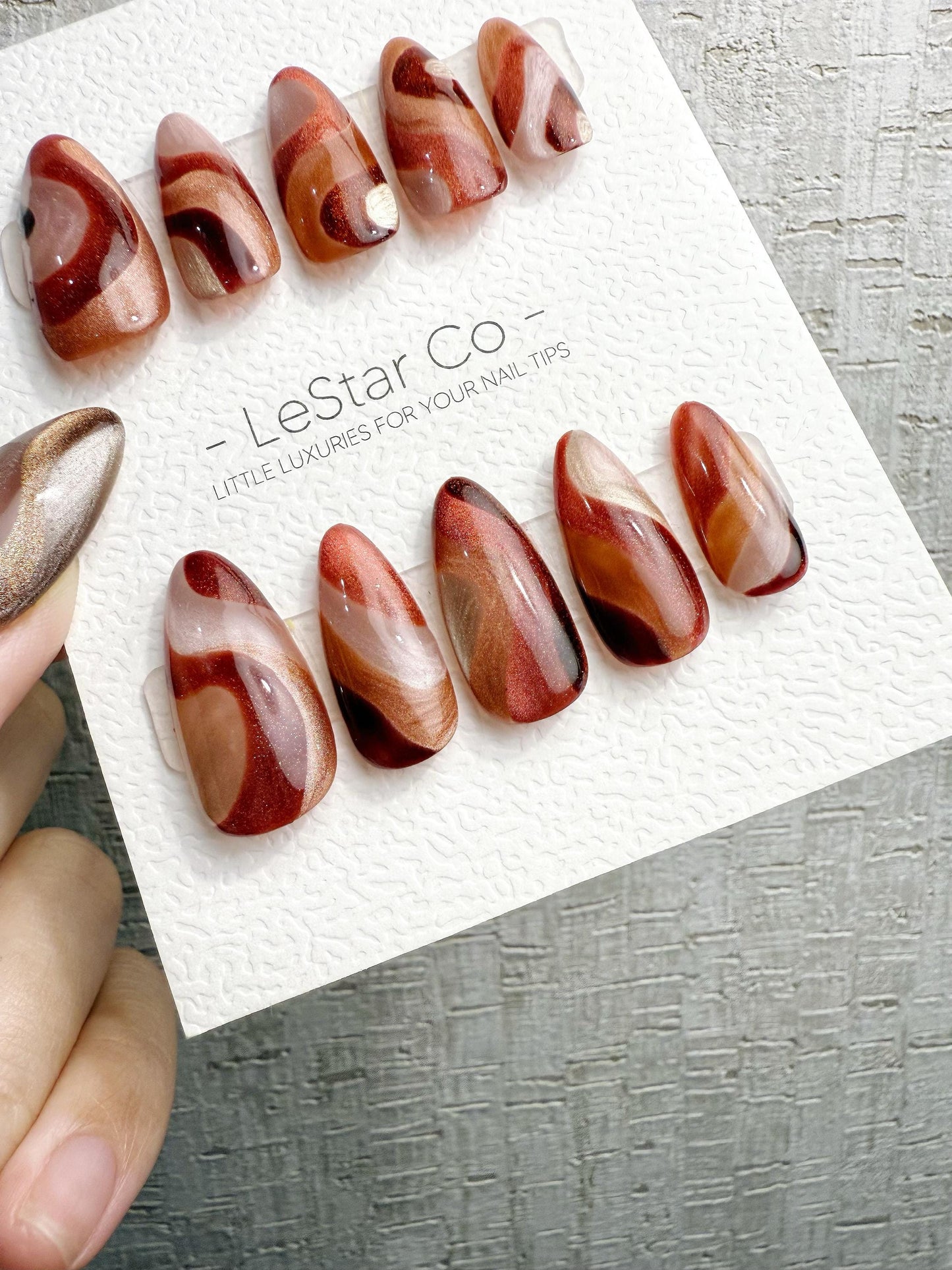 Reusable Wine Red Amber Cat Eye Swirl | Handmade Press On Gel Nails