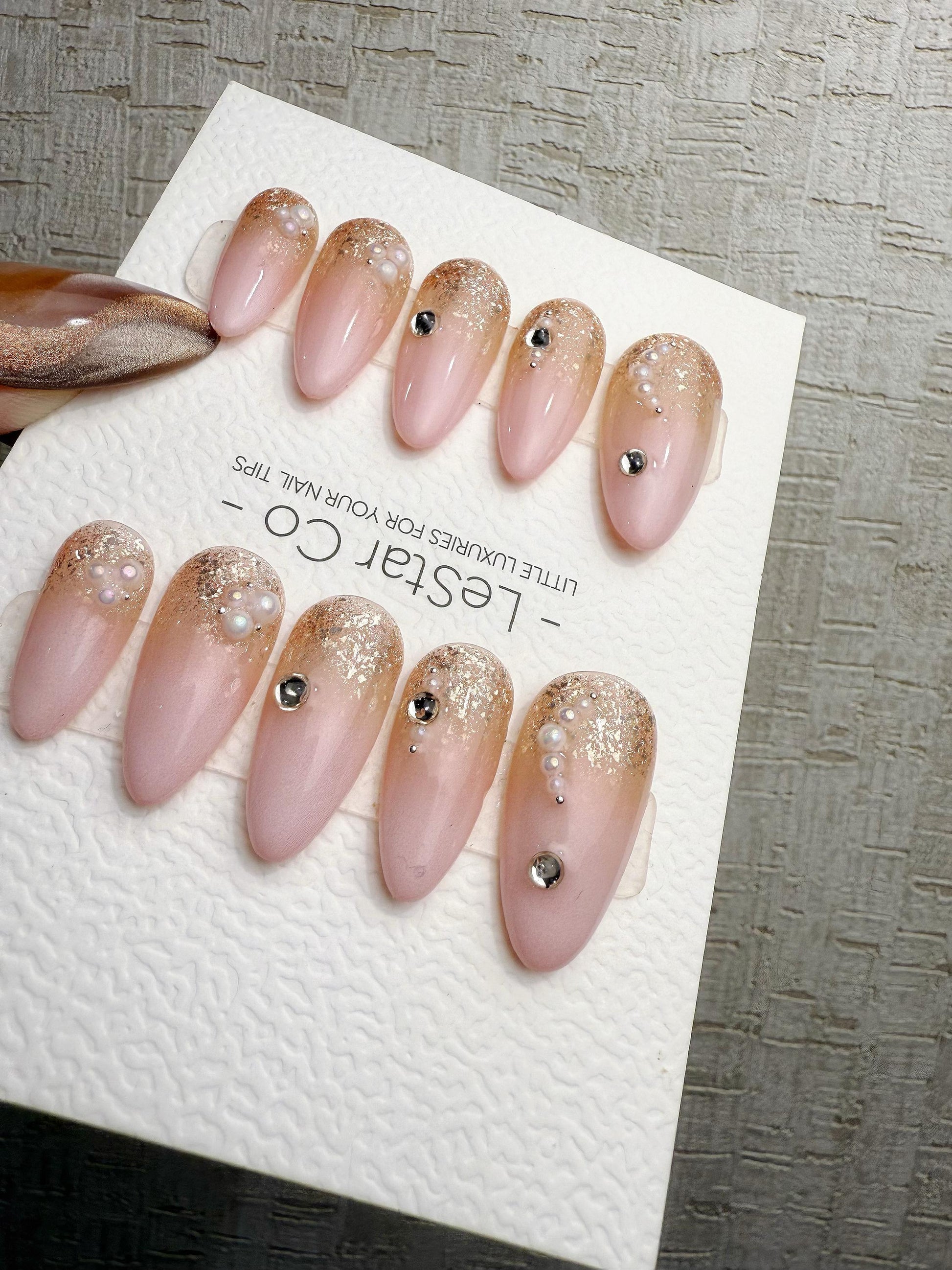 Reusable Pink with Gold Glitter | Handmade Press On Gel Acrylic Nails | 4for3 Timed Offer