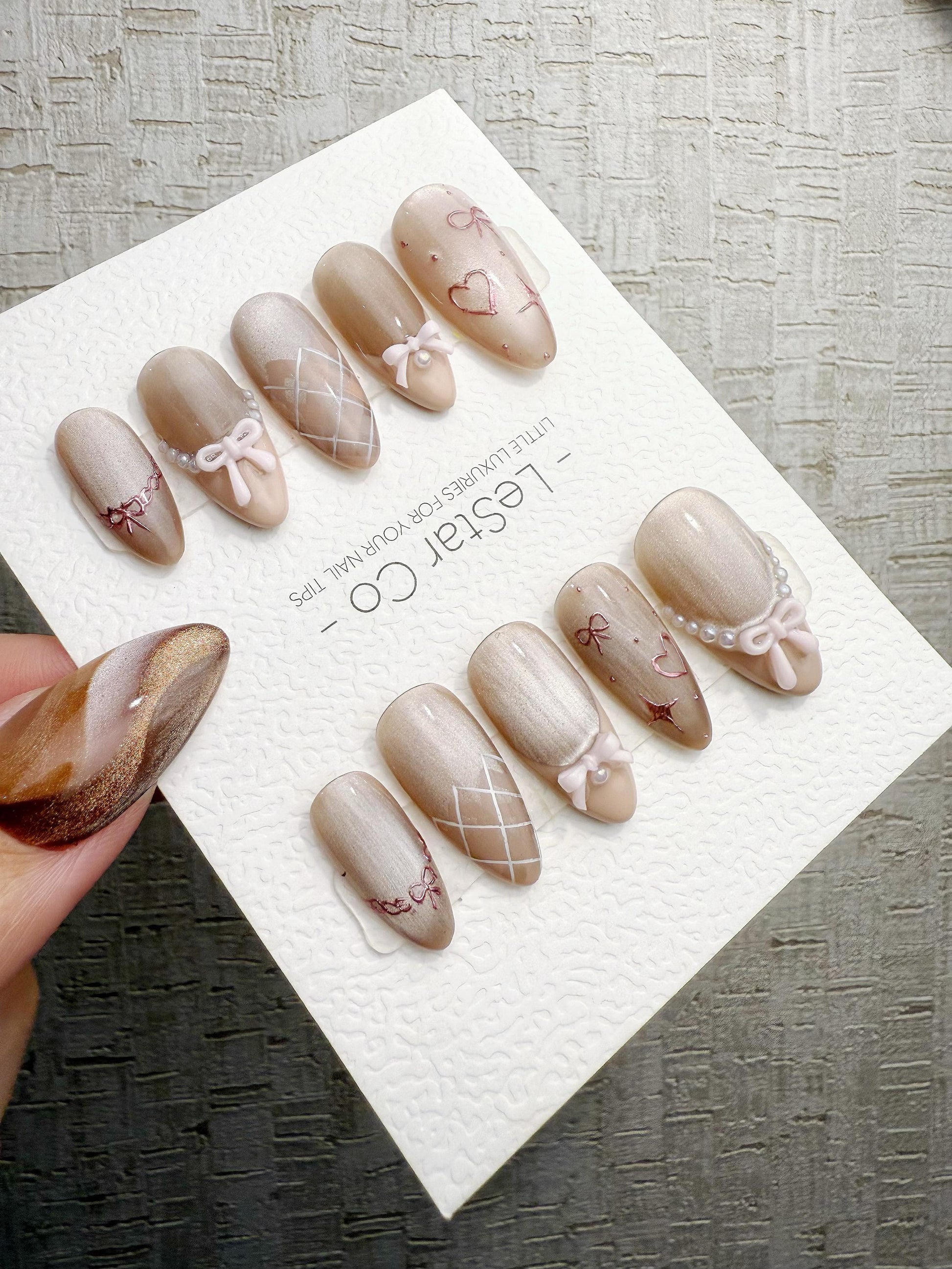 Reusable Nude Beige Pink Bow Cat Eye | Handmade Press On Gel Nails | 4for3 Timed Offer
