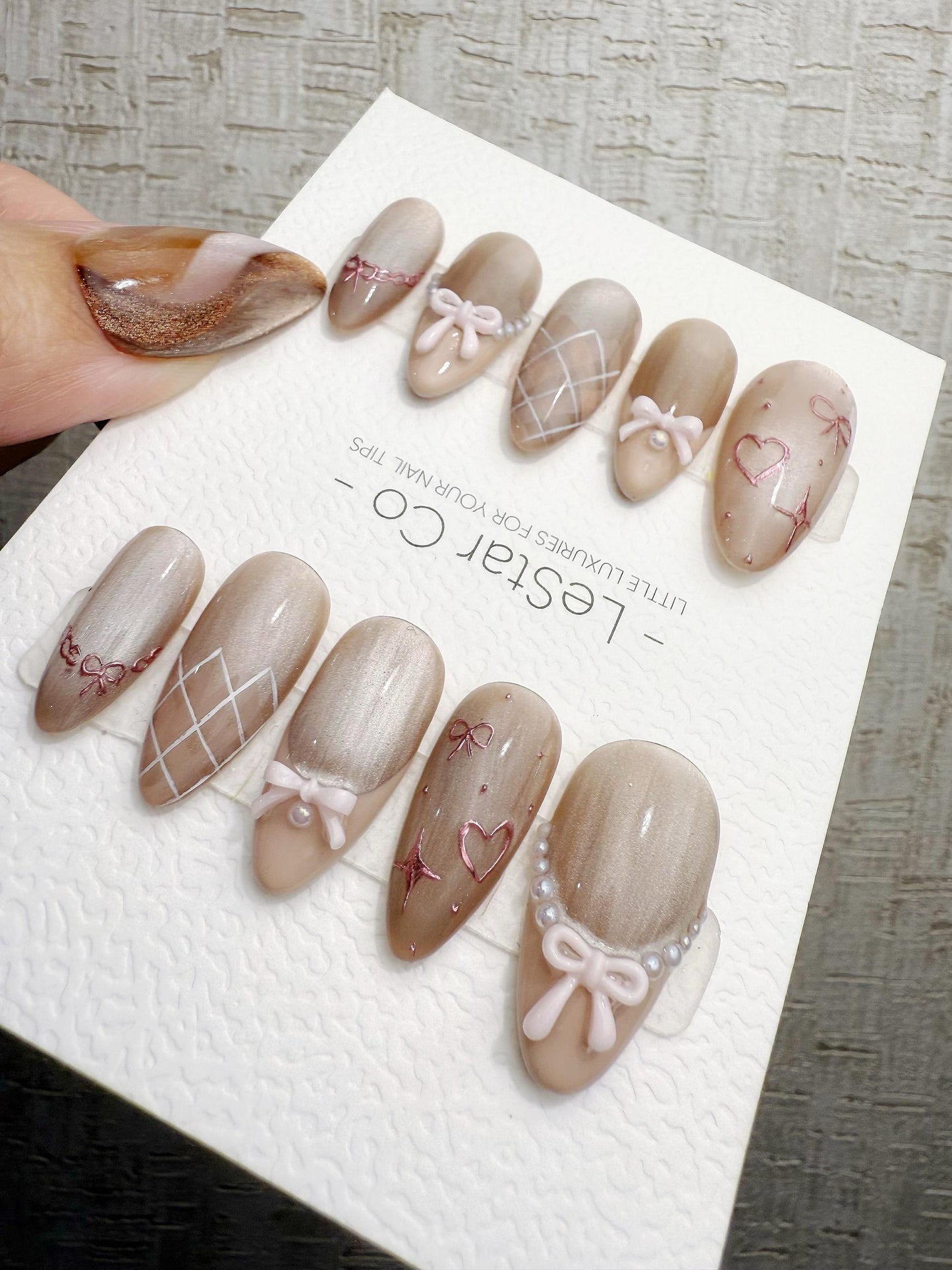 Reusable Nude Beige Pink Bow Cat Eye | Handmade Press On Gel Nails | 4for3 Timed Offer