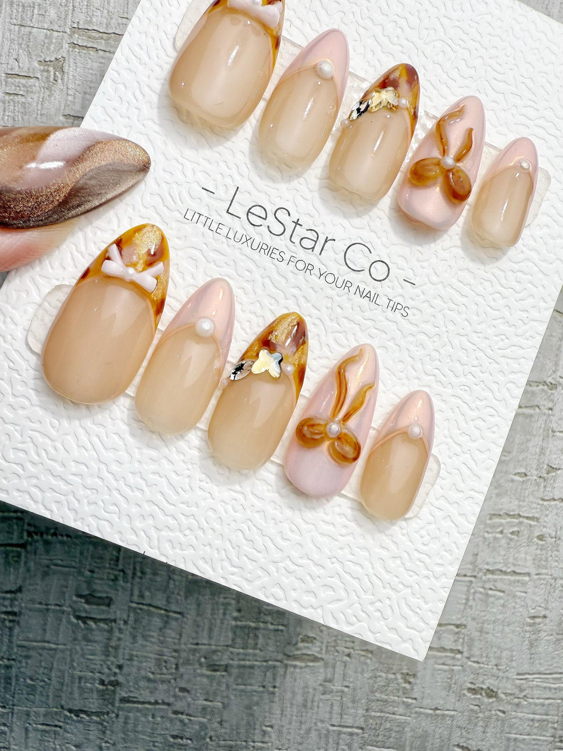 Reusable Nude Amber French 3D Bow | Handmade Press On Gel Nails | 4for3 Timed Offer