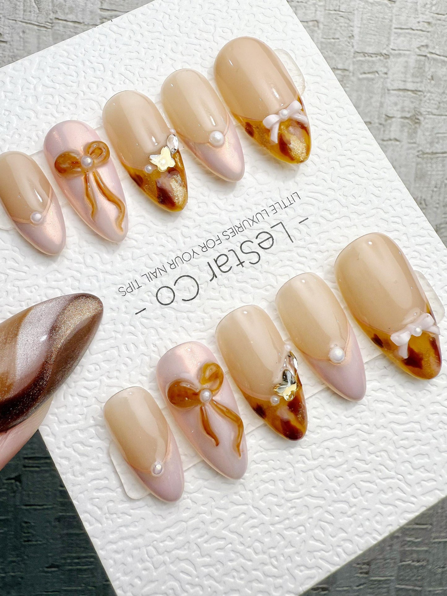 Reusable Nude Amber French 3D Bow | Handmade Press On Gel Nails | 4for3 Timed Offer