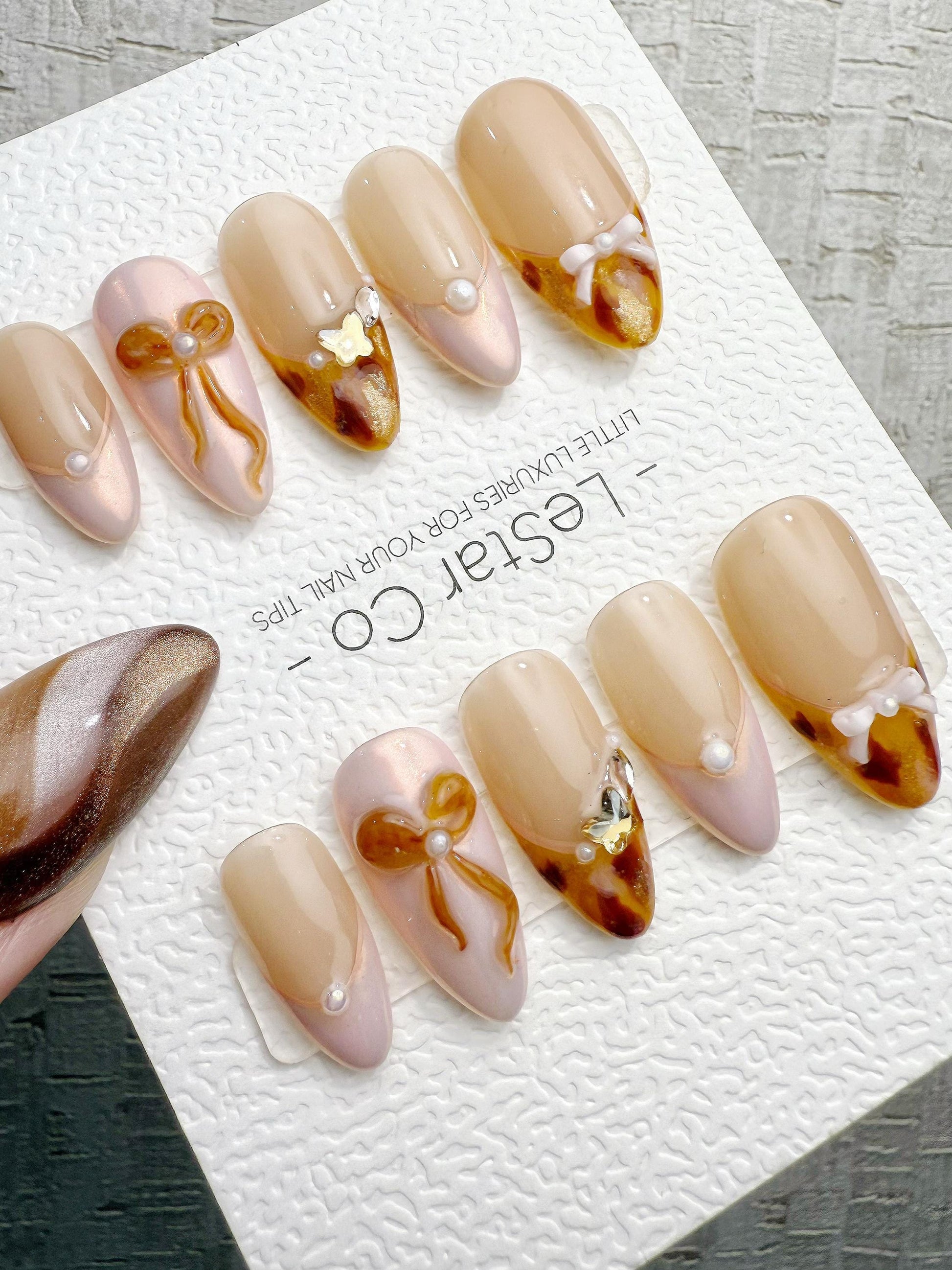 Reusable Nude Amber French 3D Bow | Handmade Press On Gel Nails | 4for3 Timed Offer