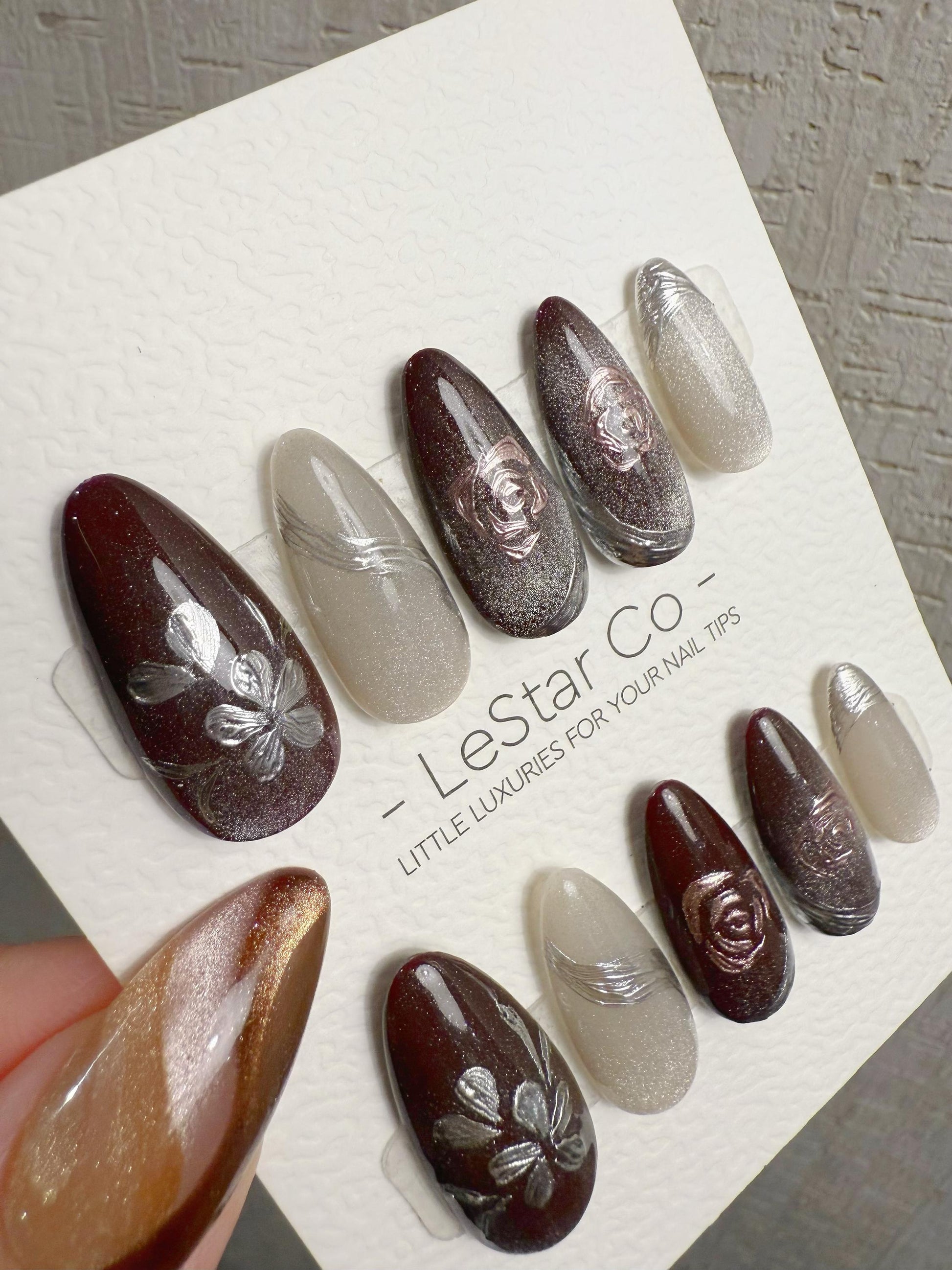 Reusable Burgundy Rose Silver Cat Eye | Handmade Press On Gel Nails | 4for3 Timed Offer