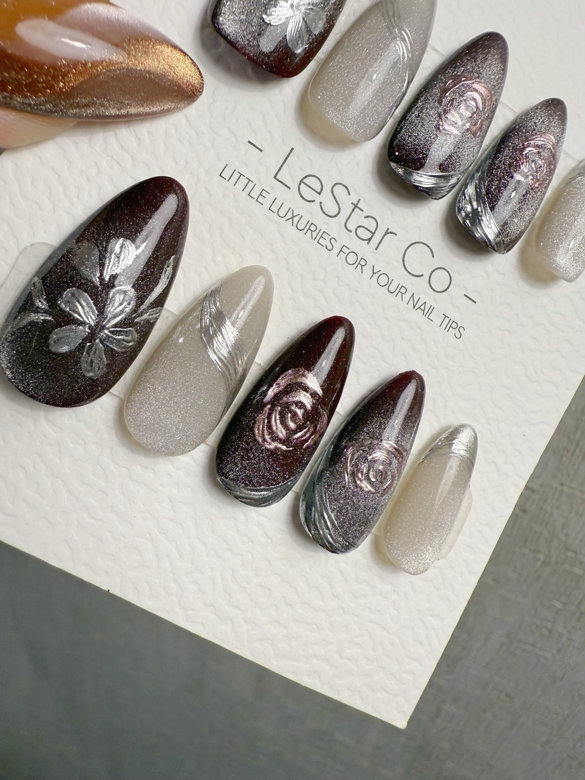 Reusable Burgundy Rose Silver Cat Eye | Handmade Press On Gel Nails | 4for3 Timed Offer