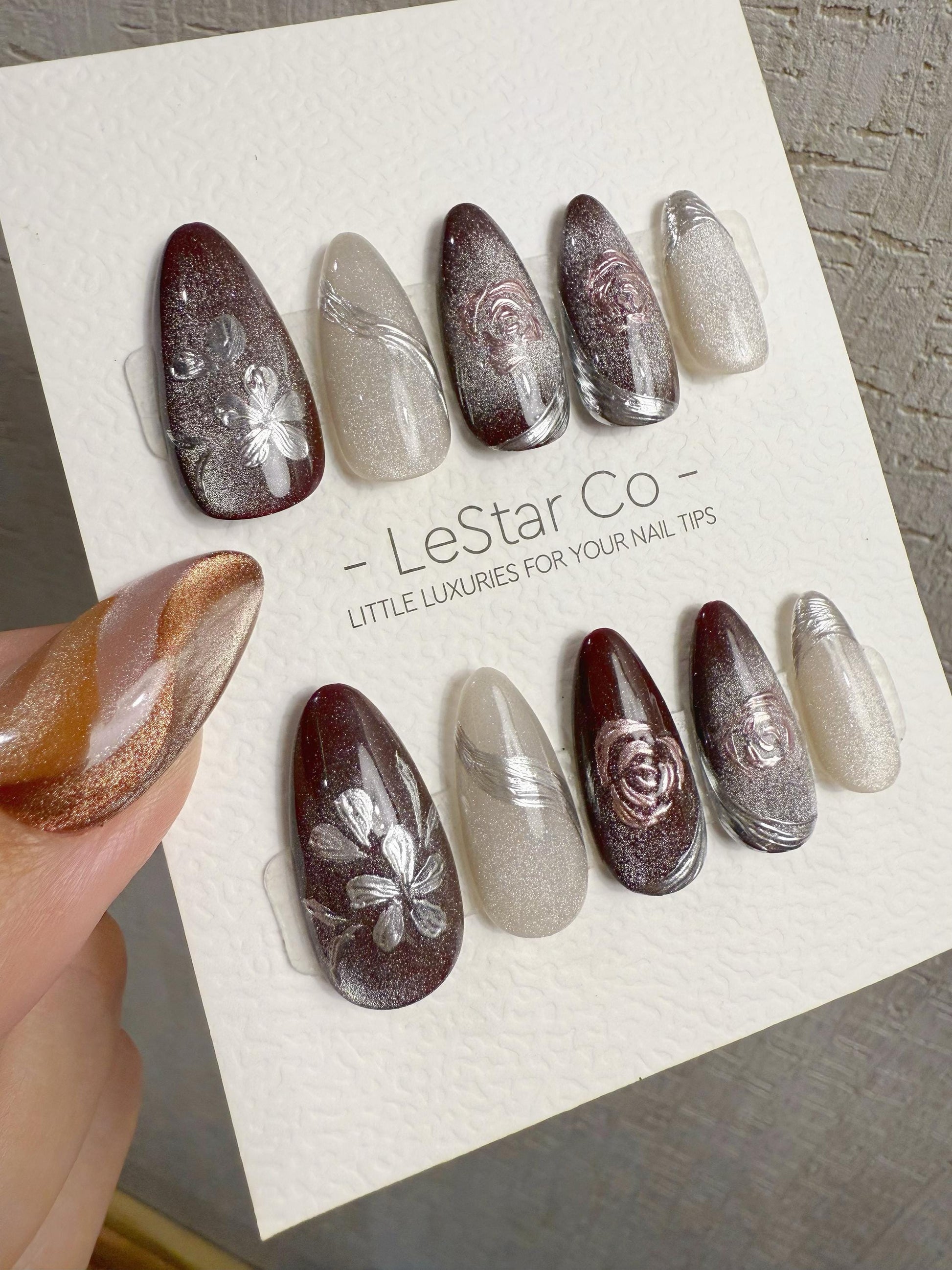 Reusable Burgundy Rose Silver Cat Eye | Handmade Press On Gel Nails | 4for3 Timed Offer