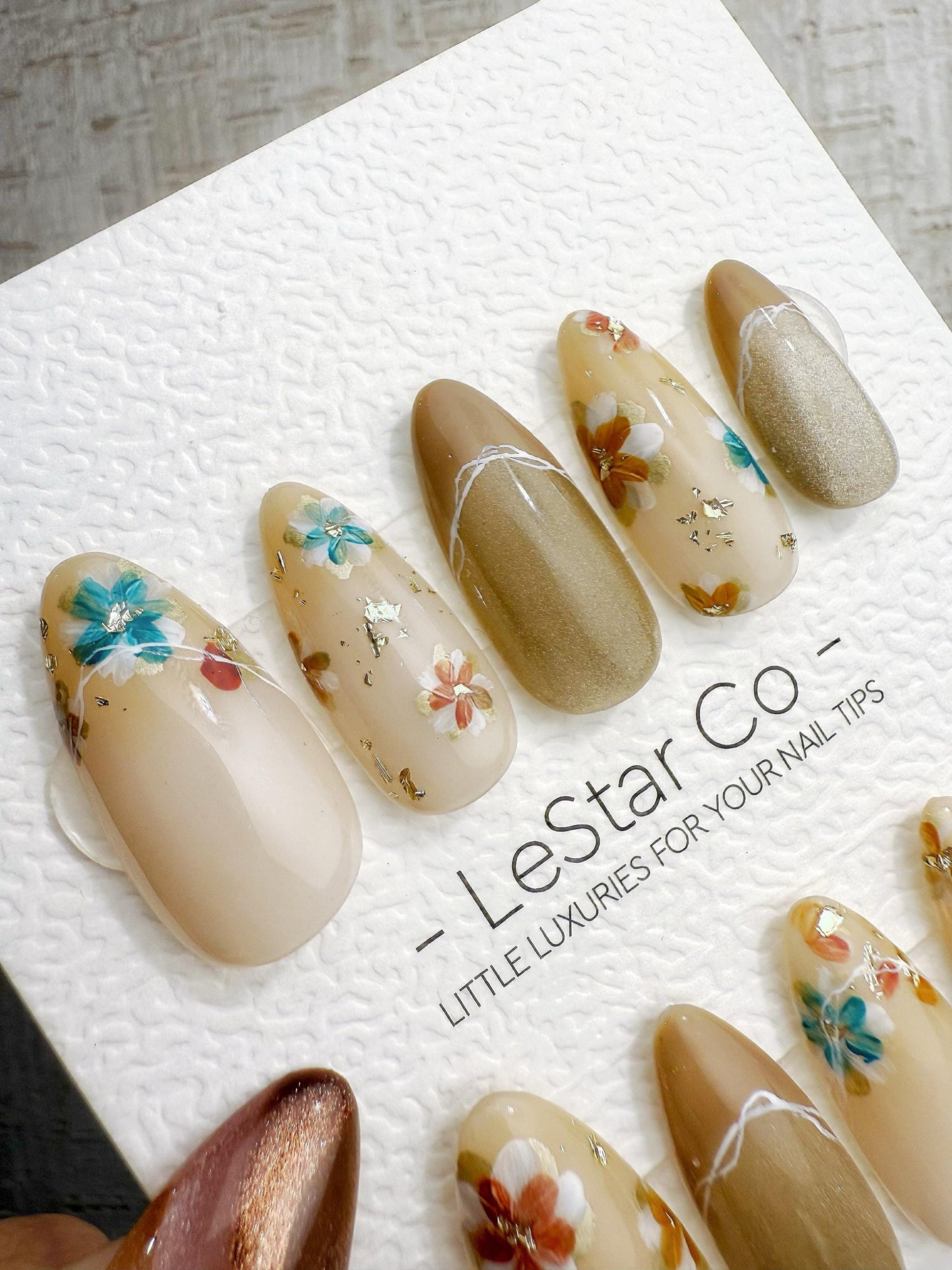 Reusable Nude Latte with Multicolor Flowers | Handmade Press On Gel Nails | 4for3 Timed Offer