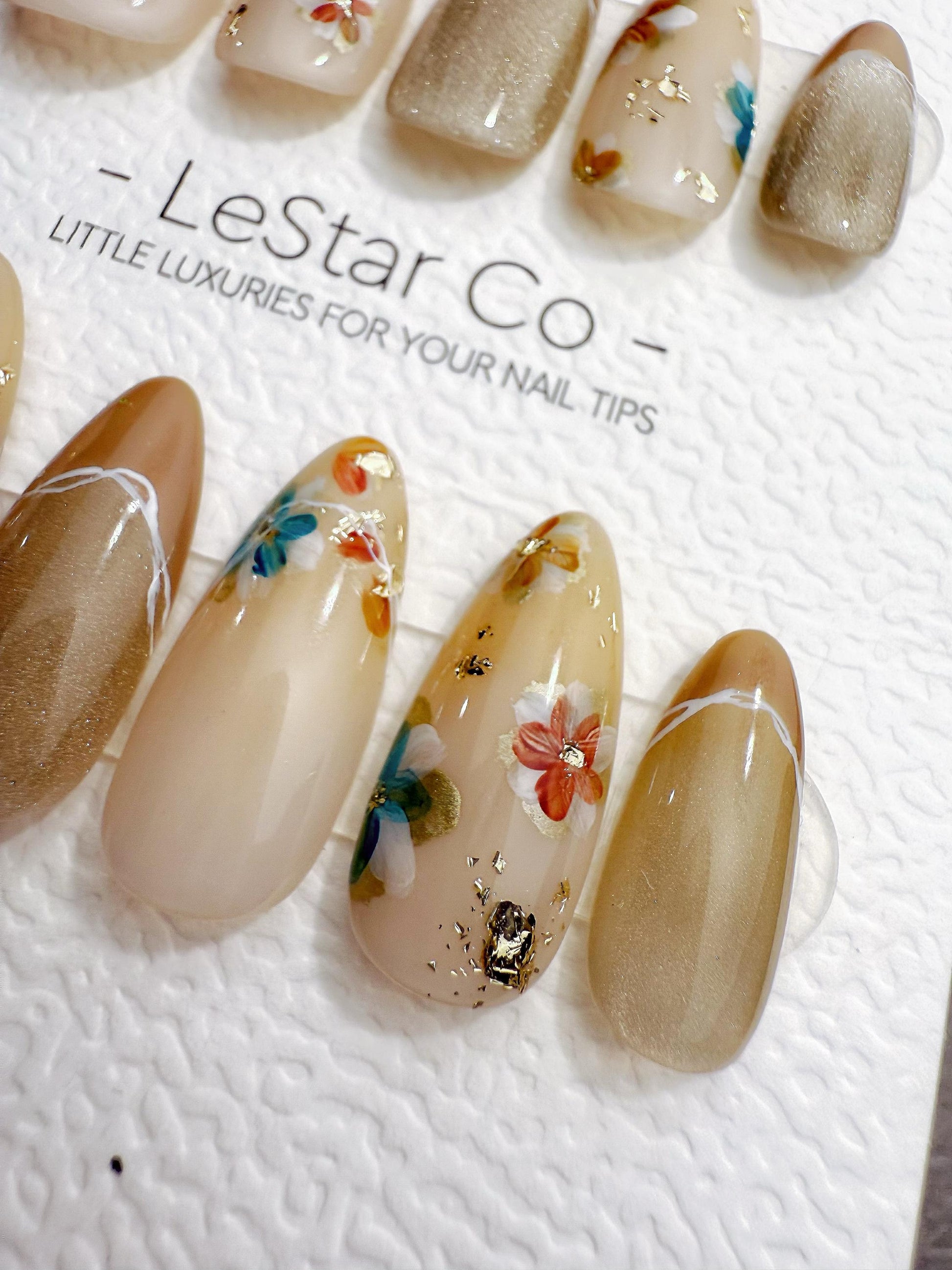 Reusable Nude Latte with Multicolor Flowers | Handmade Press On Gel Nails | 4for3 Timed Offer