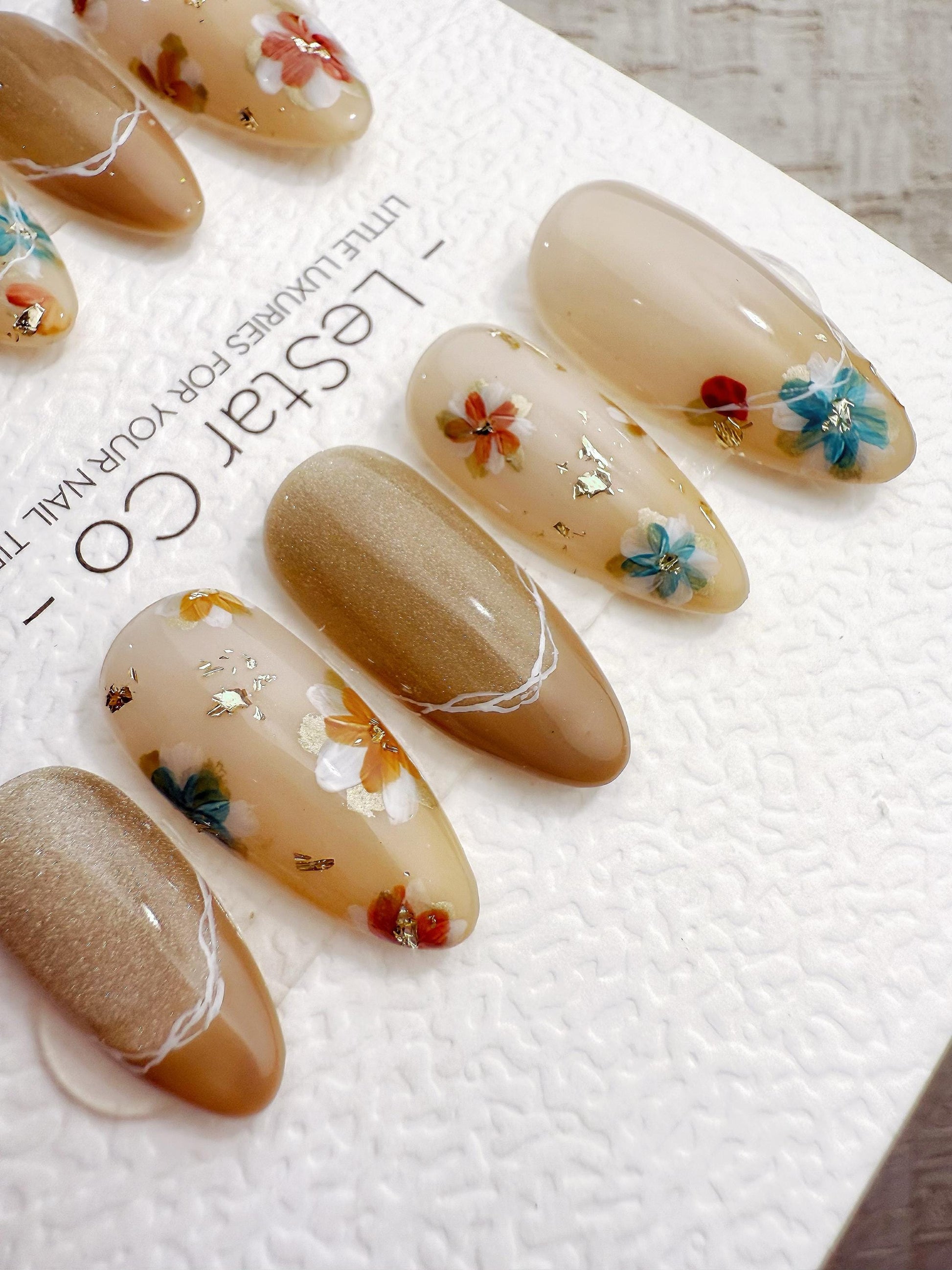 Reusable Nude Latte with Multicolor Flowers | Handmade Press On Gel Nails | 4for3 Timed Offer