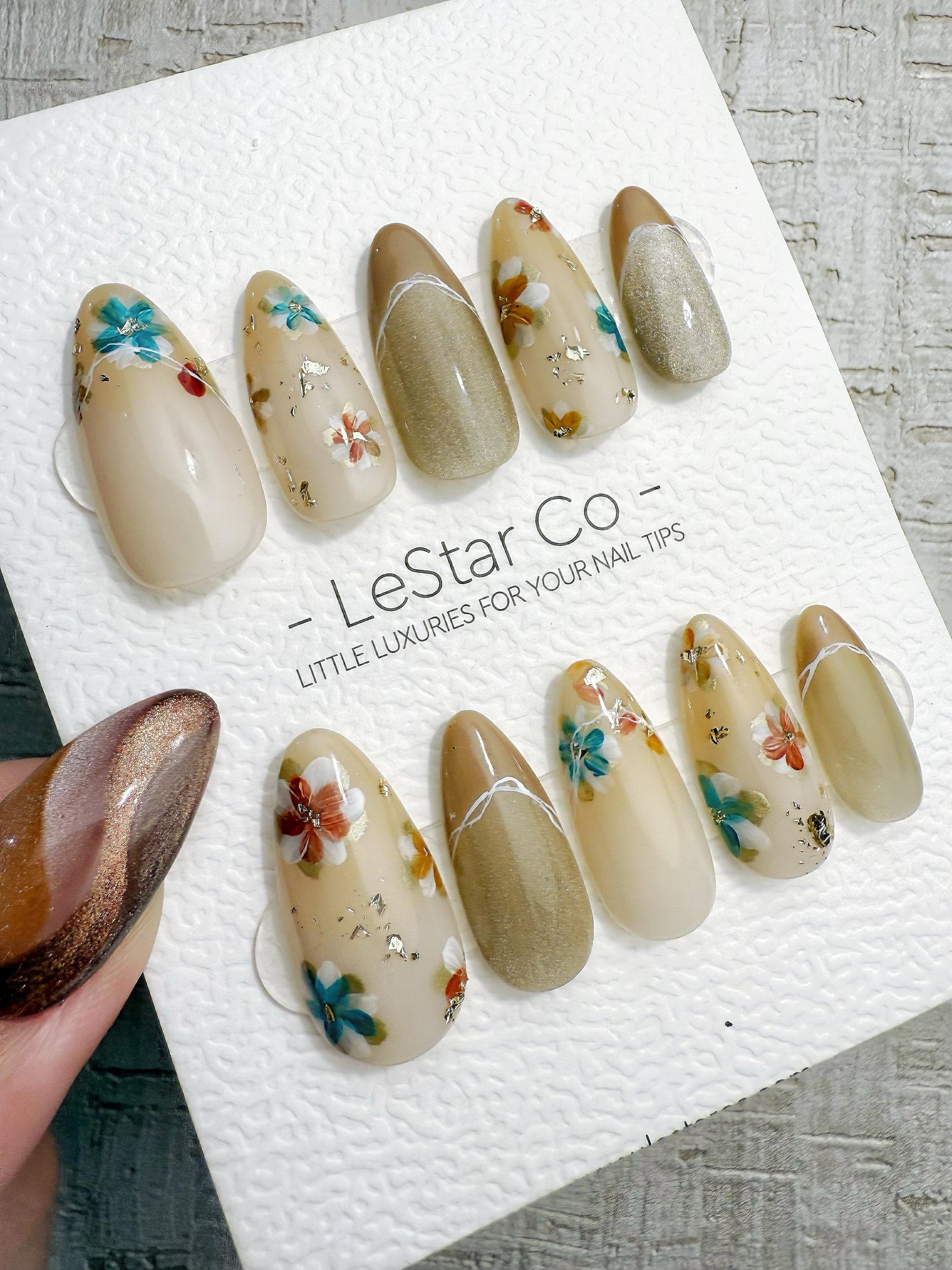 Reusable Nude Latte with Multicolor Flowers | Handmade Press On Gel Nails | 4for3 Timed Offer