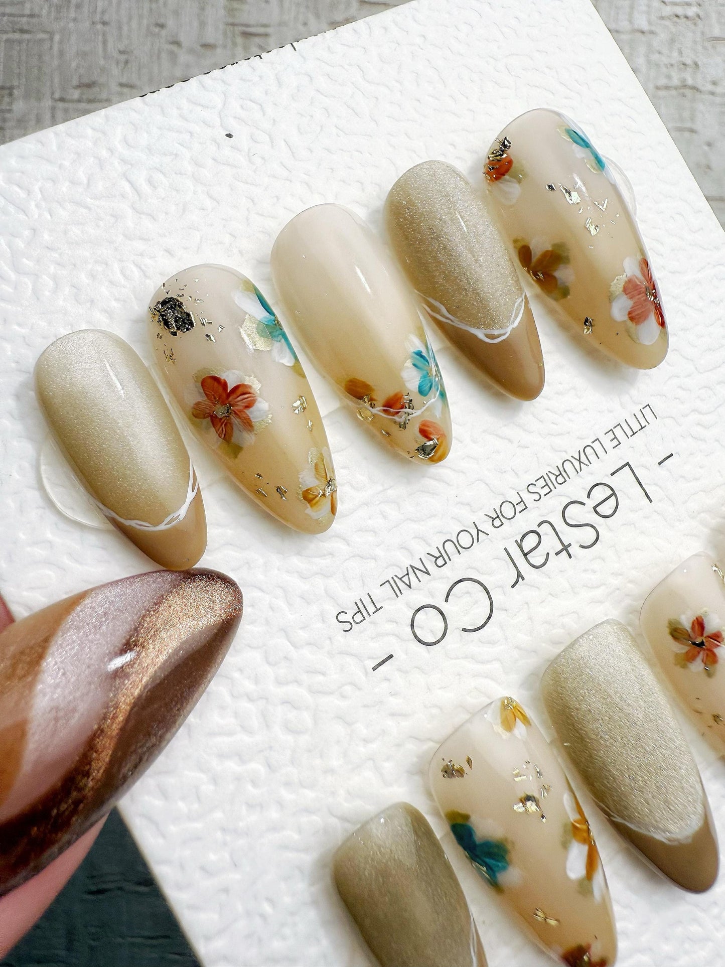 Reusable Nude Latte with Multicolor Flowers | Handmade Press On Gel Nails | 4for3 Timed Offer