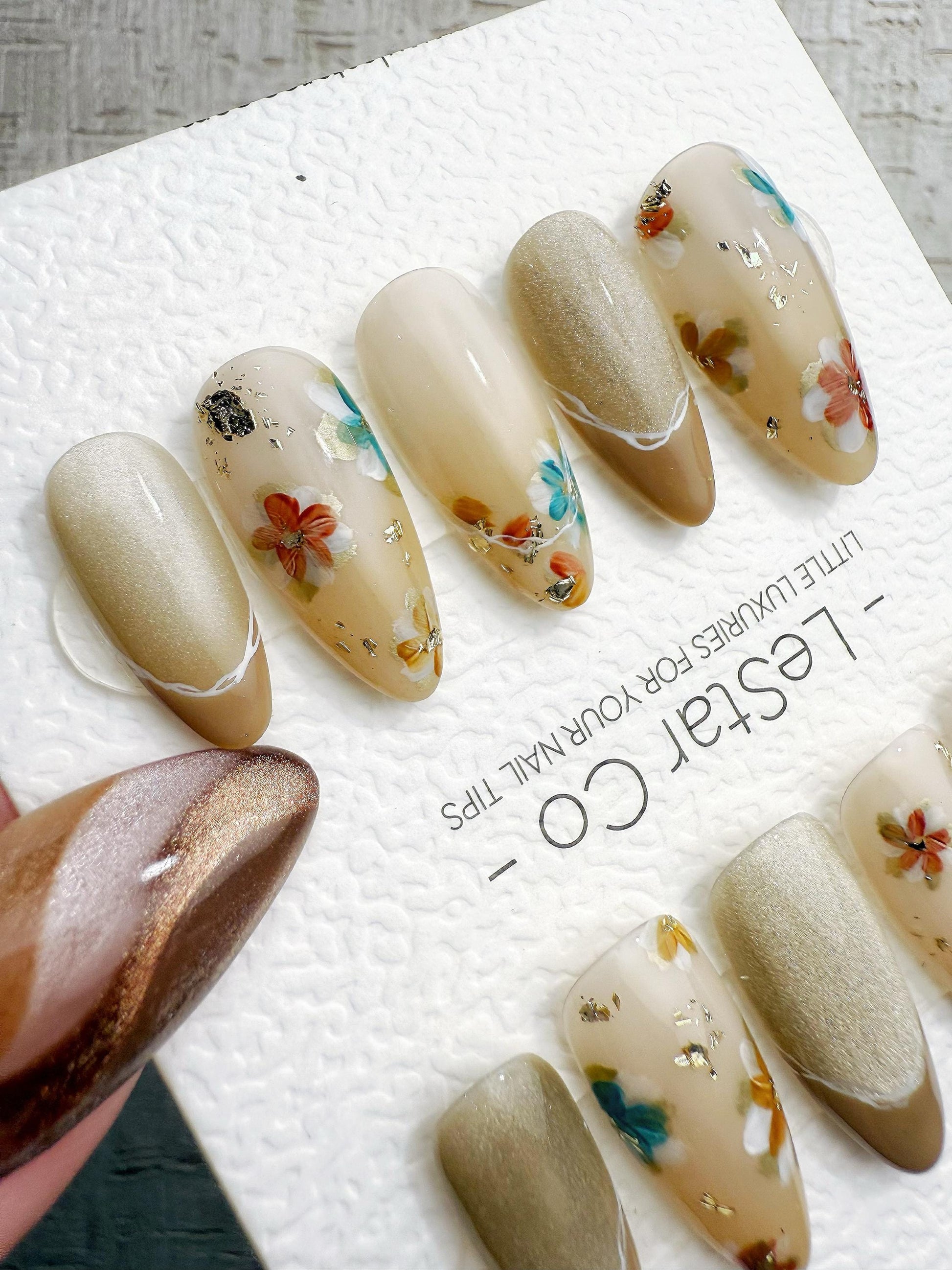 Reusable Nude Latte with Multicolor Flowers | Handmade Press On Gel Nails | 4for3 Timed Offer