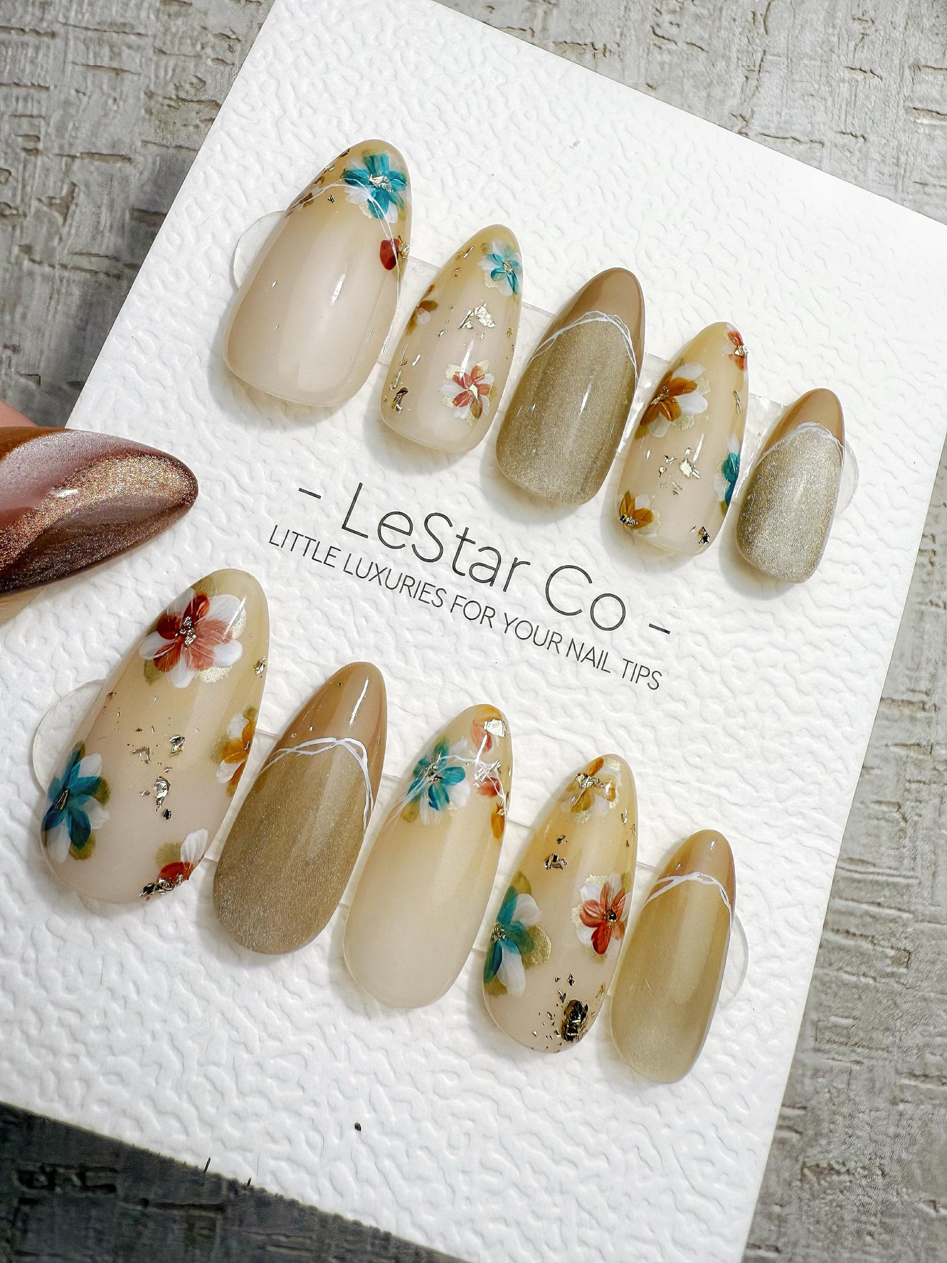 Reusable Nude Latte with Multicolor Flowers | Handmade Press On Gel Nails | 4for3 Timed Offer