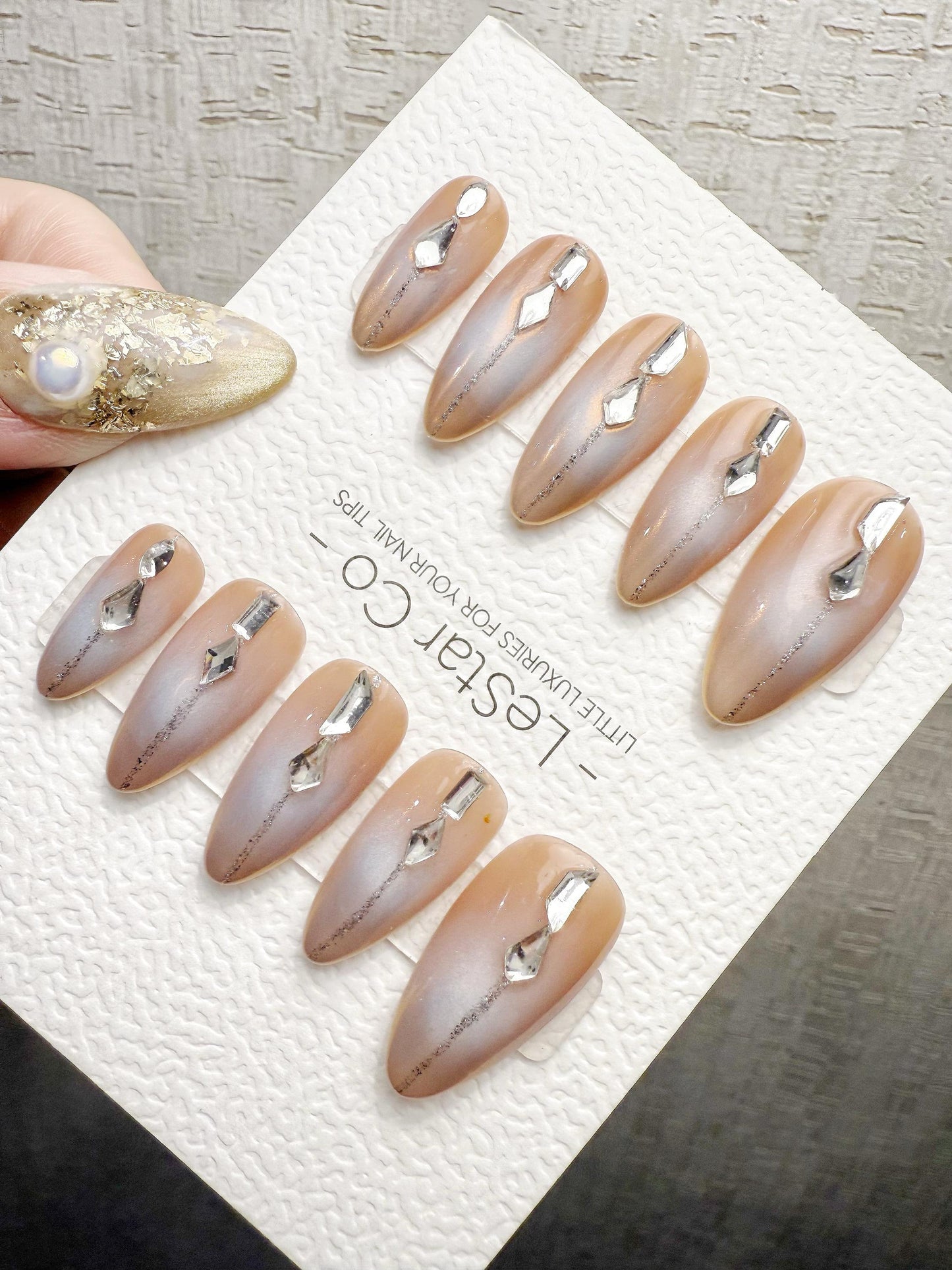 Reusable Champagne Crystal Lines | Handmade Press On Gel Acrylic Nails | 4for3 Timed Offer