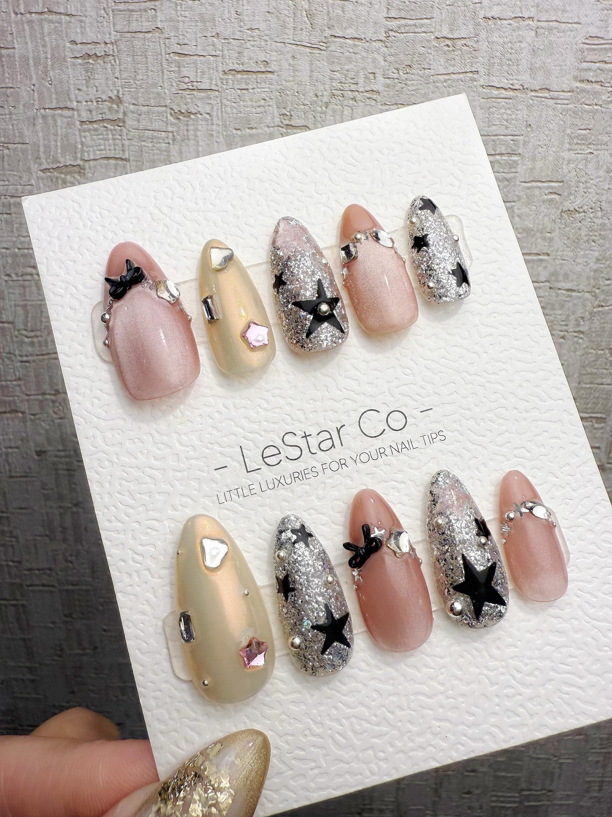 Reusable Galaxy Chic & Bows | Handmade Press On Gel Acrylic Nails | 4for3 Timed Offer
