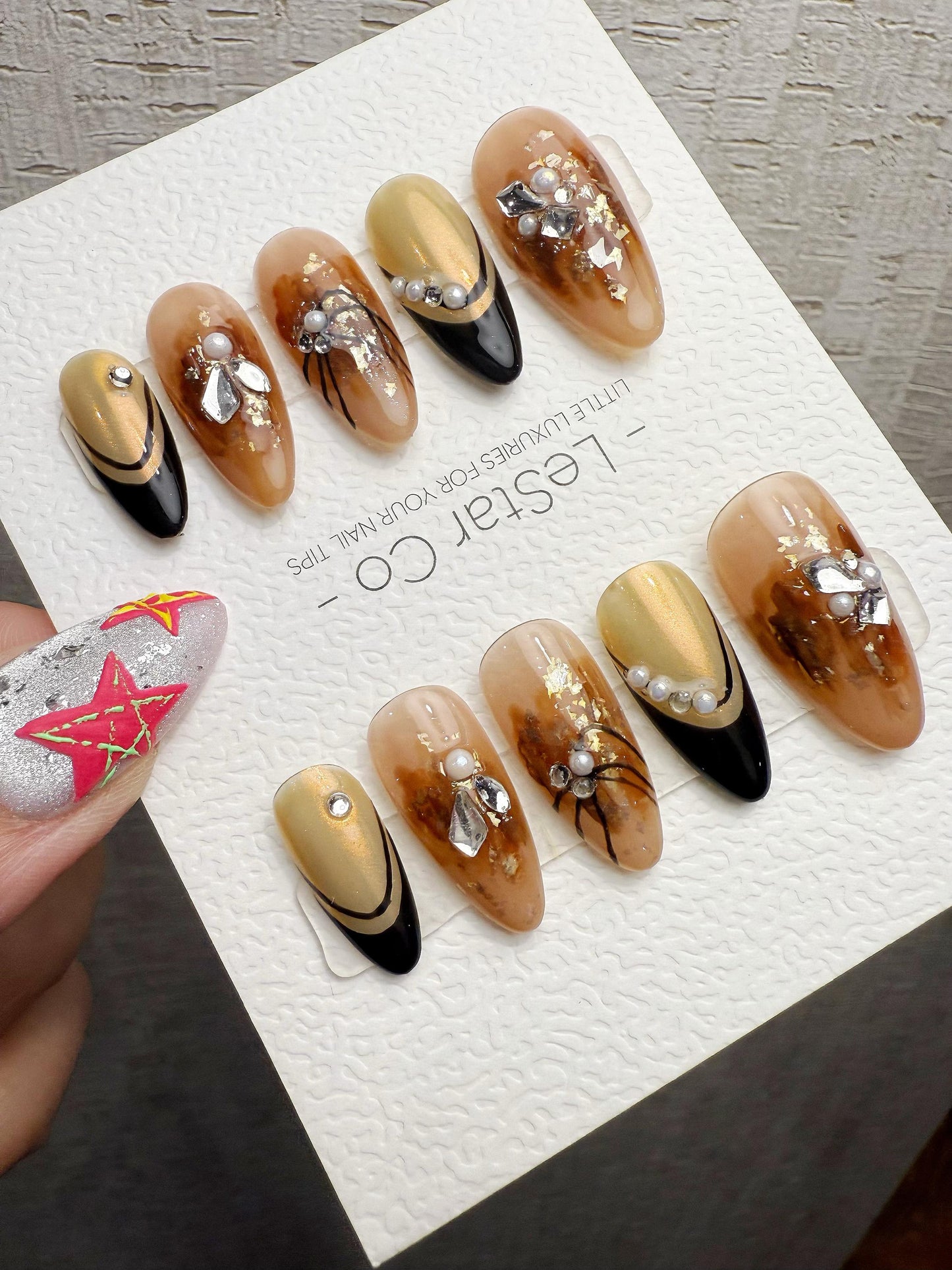 Reusable Caramel Noir Luxe | Handmade Press On Gel Acrylic Nails | 4for3 Timed Offer