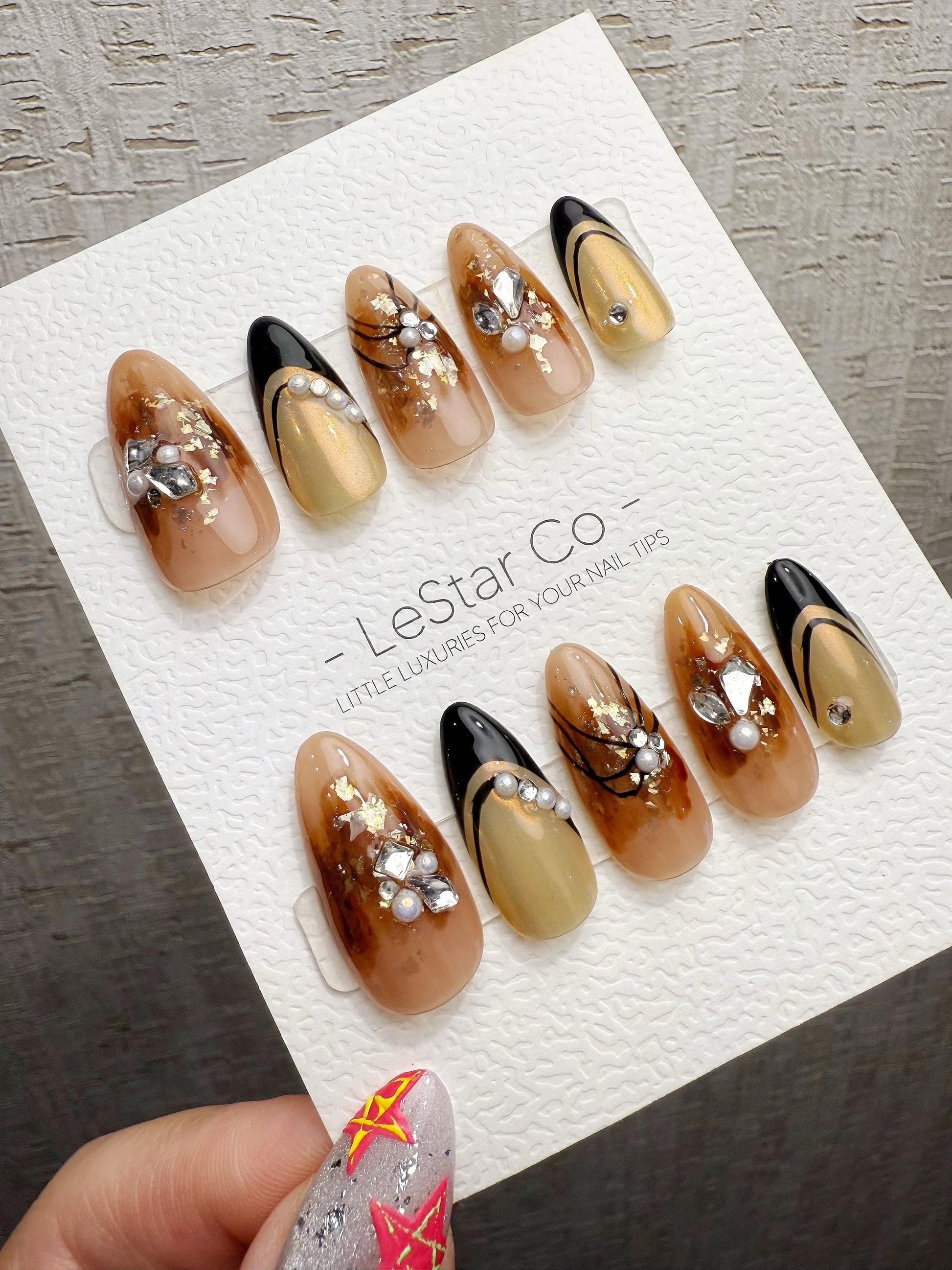 Reusable Caramel Noir Luxe | Handmade Press On Gel Acrylic Nails | 4for3 Timed Offer
