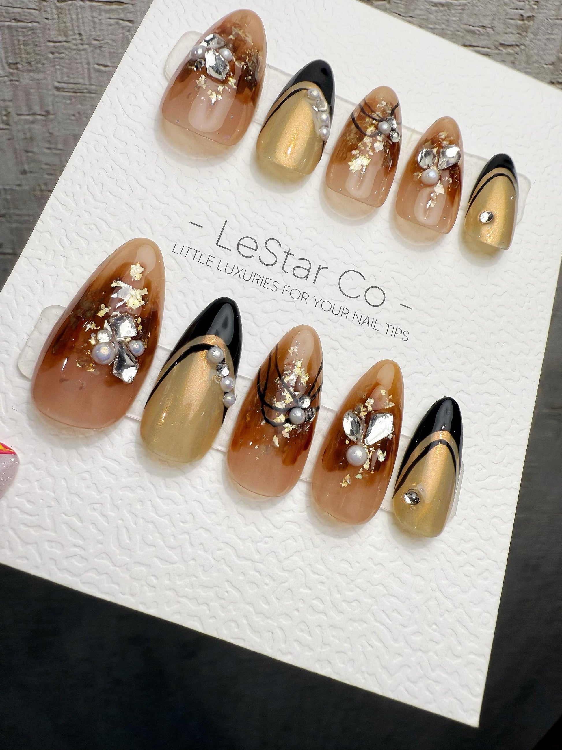Reusable Caramel Noir Luxe | Handmade Press On Gel Acrylic Nails | 4for3 Timed Offer